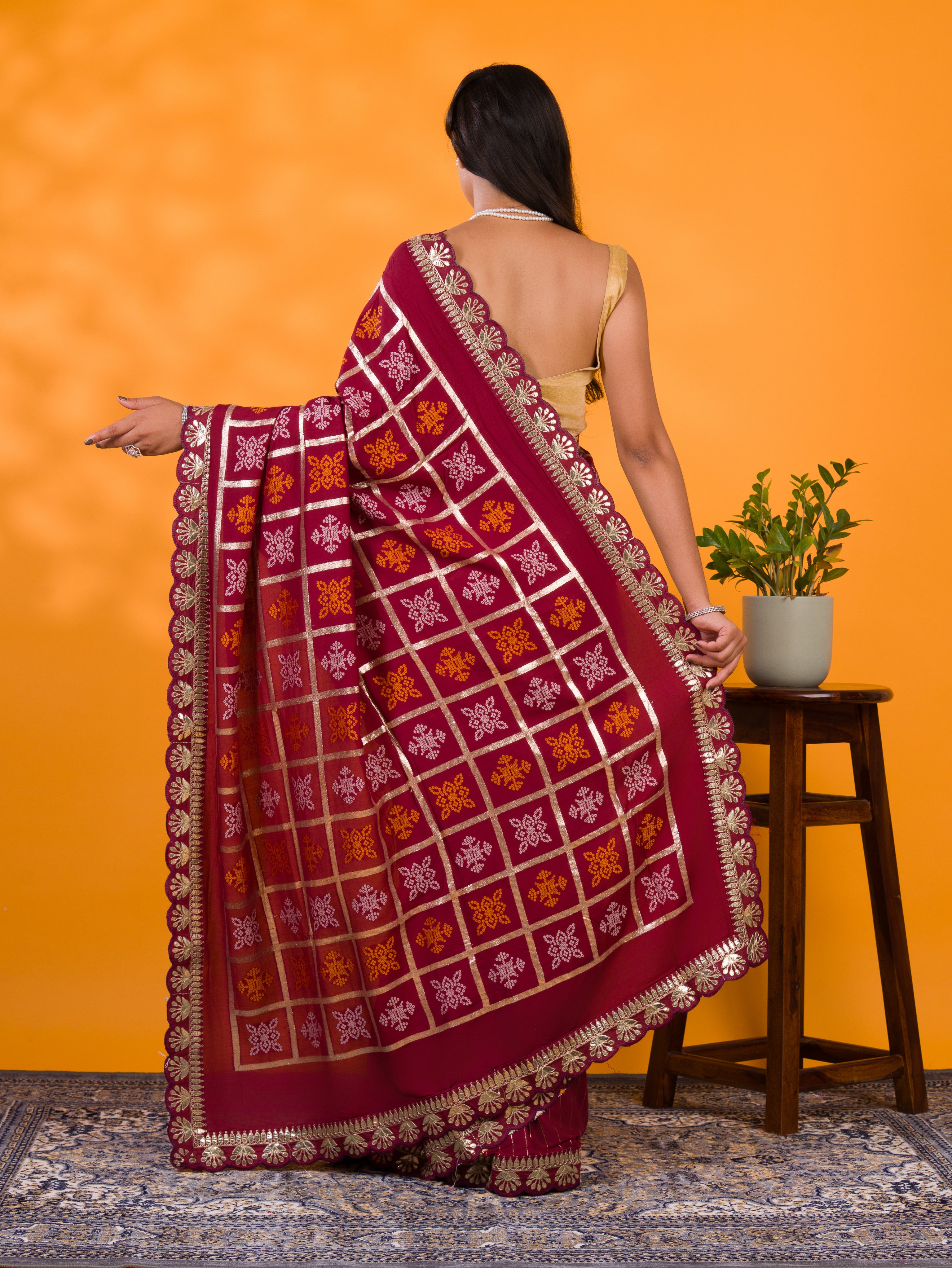 Cotton silk Bandhani Gotapatti Work Saree in maroon colour