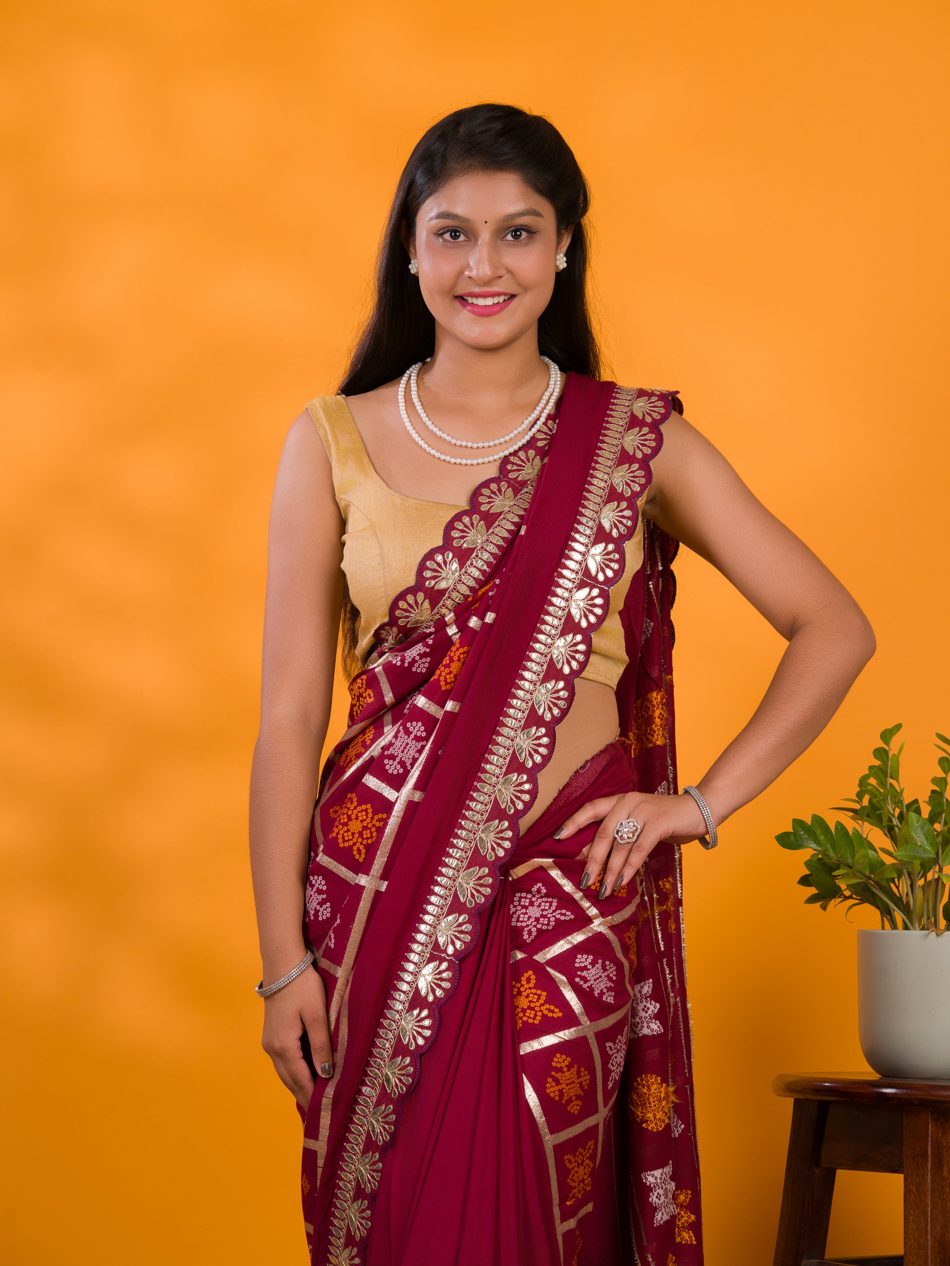 Cotton silk Bandhani Gotapatti Work Saree in maroon colour