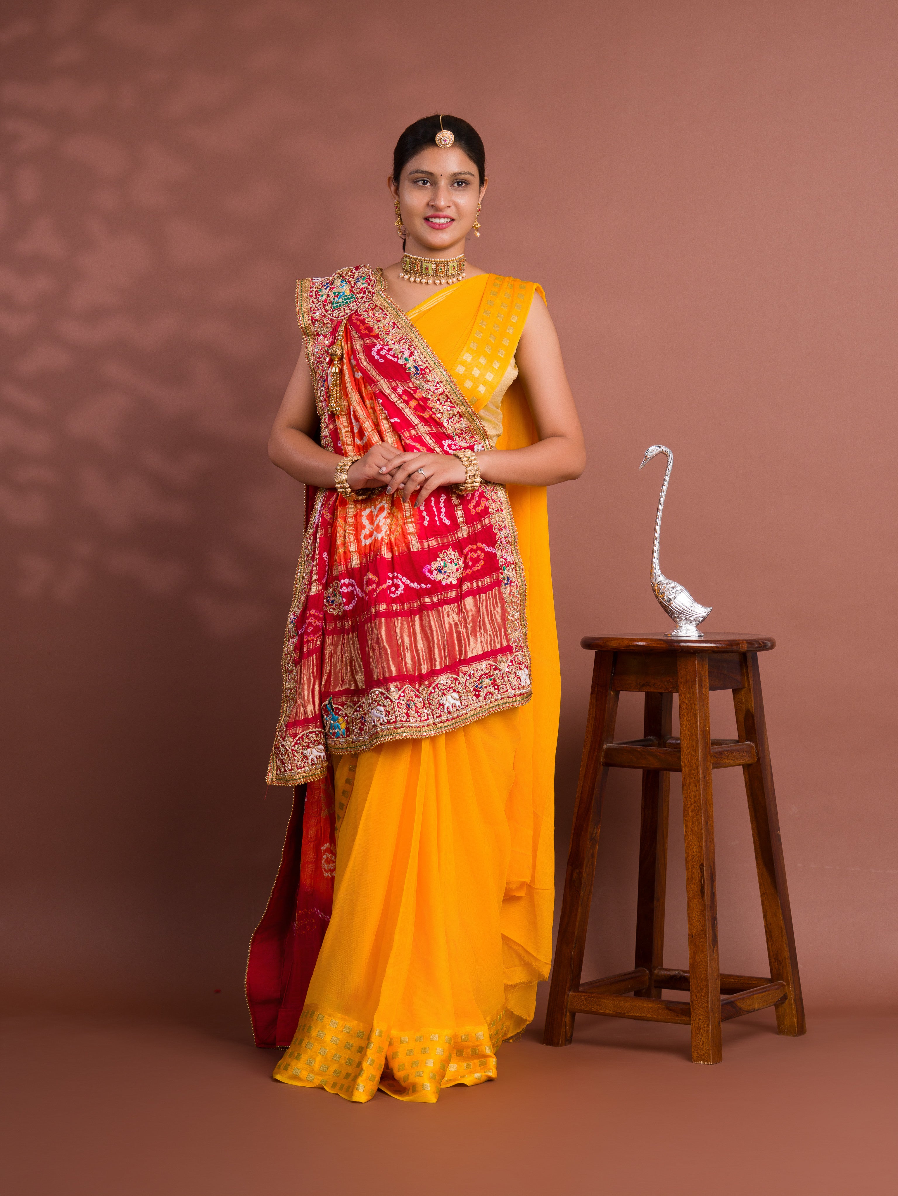 By New Gaji silk Bandhani Style With Zardoji Chunri Pila