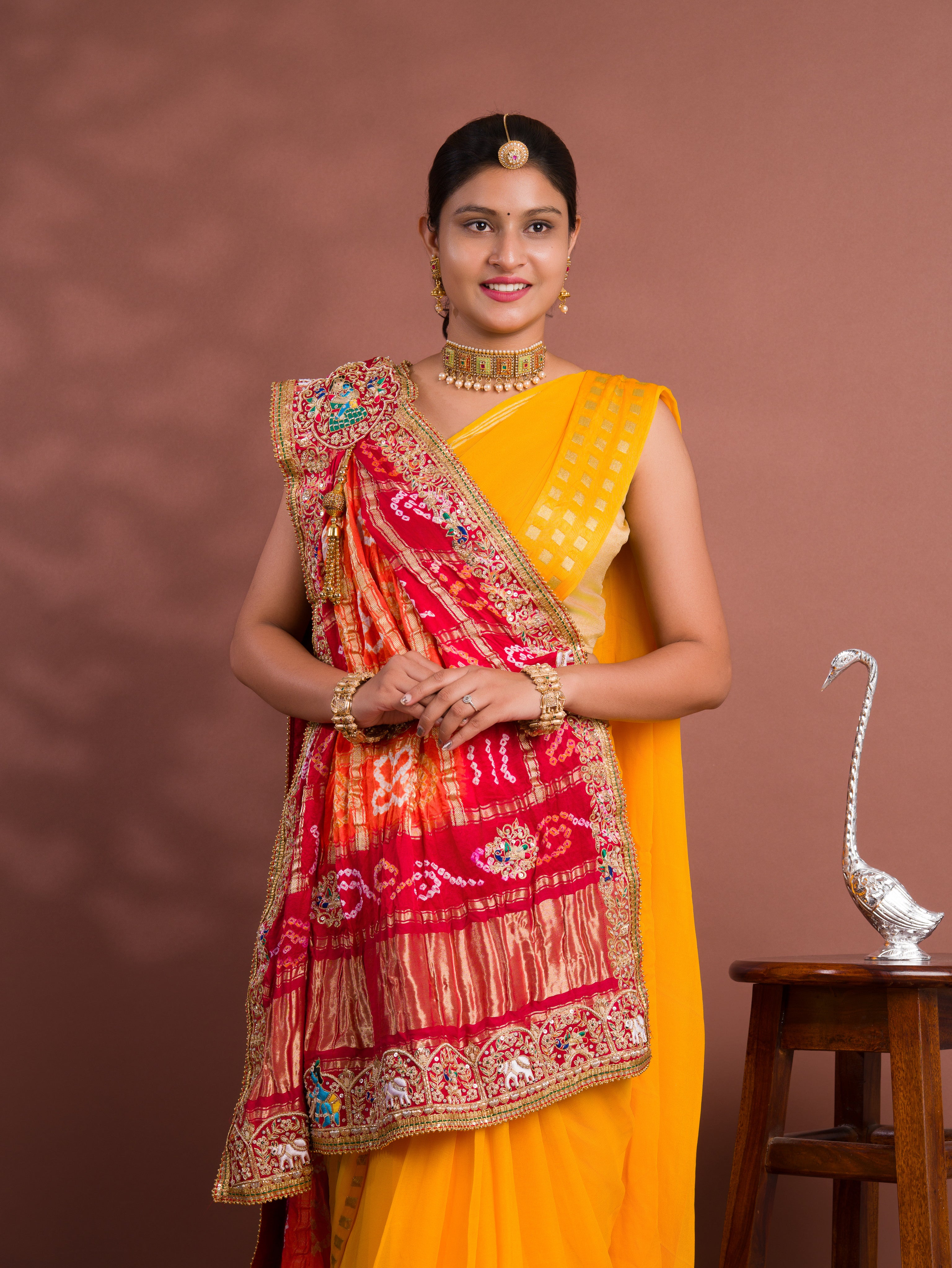 By New Gaji silk Bandhani Style With Zardoji Chunri Pila