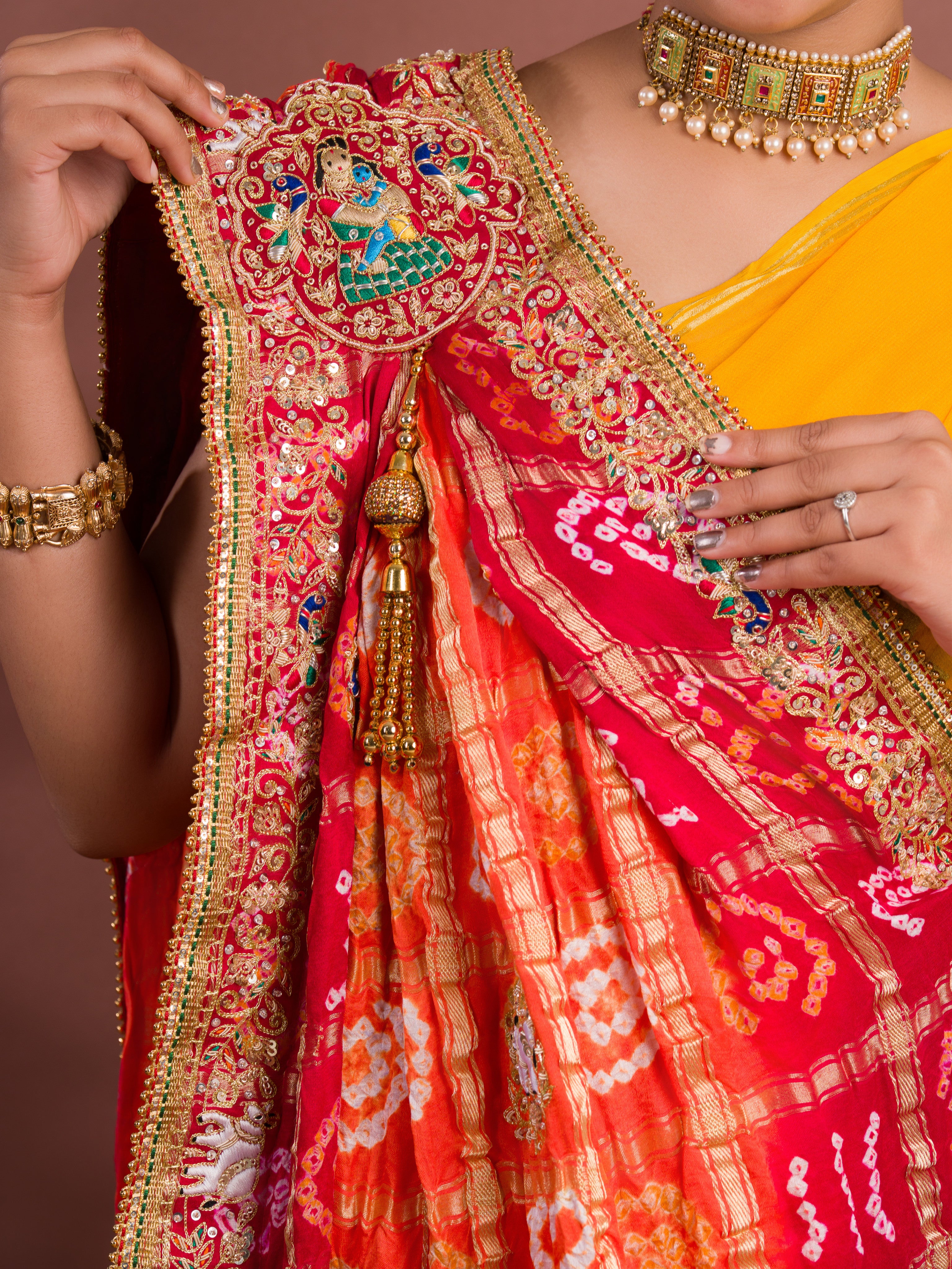 By New Gaji silk Bandhani Style With Zardoji Chunri Pila