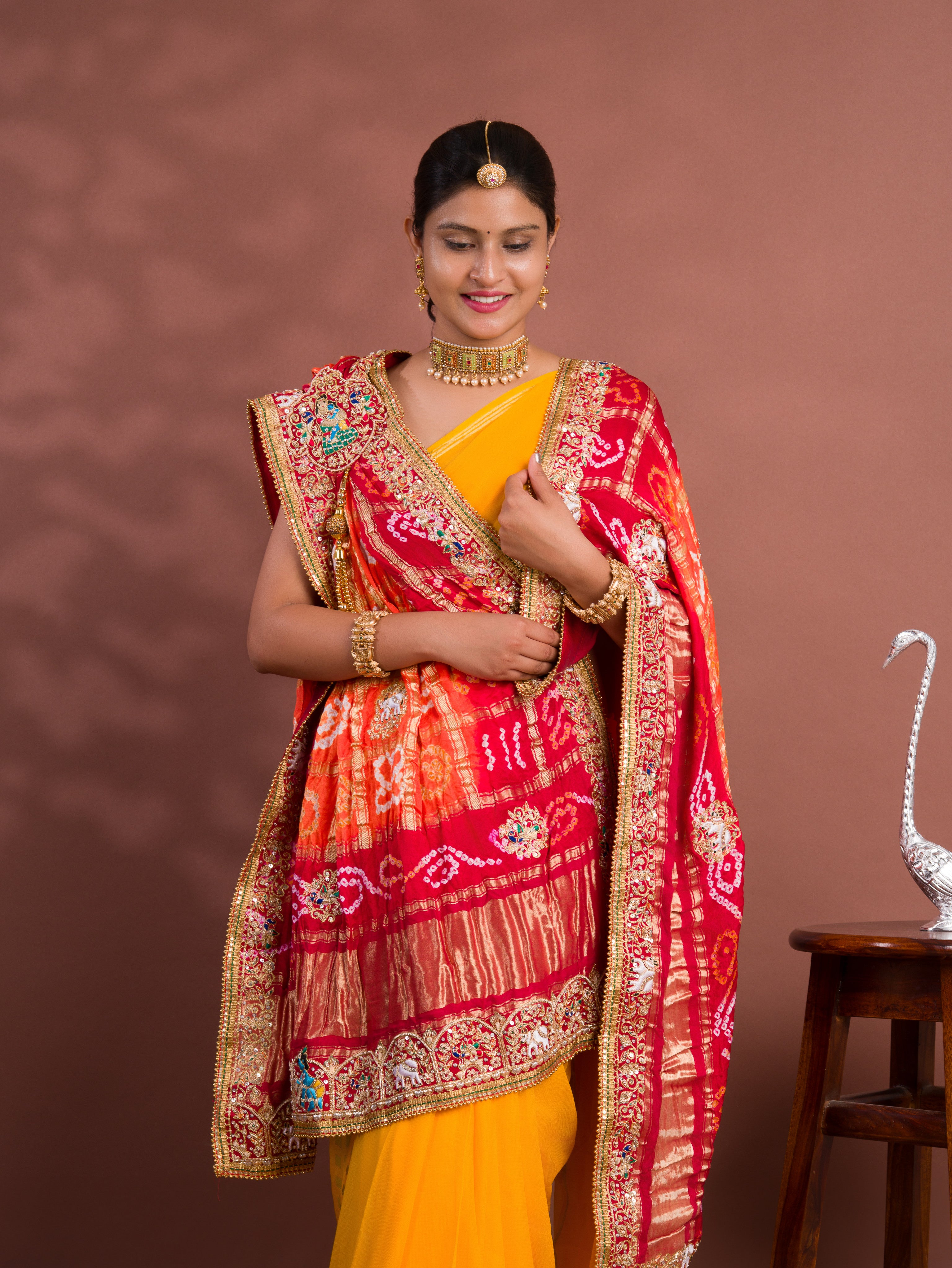 By New Gaji silk Bandhani Style With Zardoji Chunri Pila