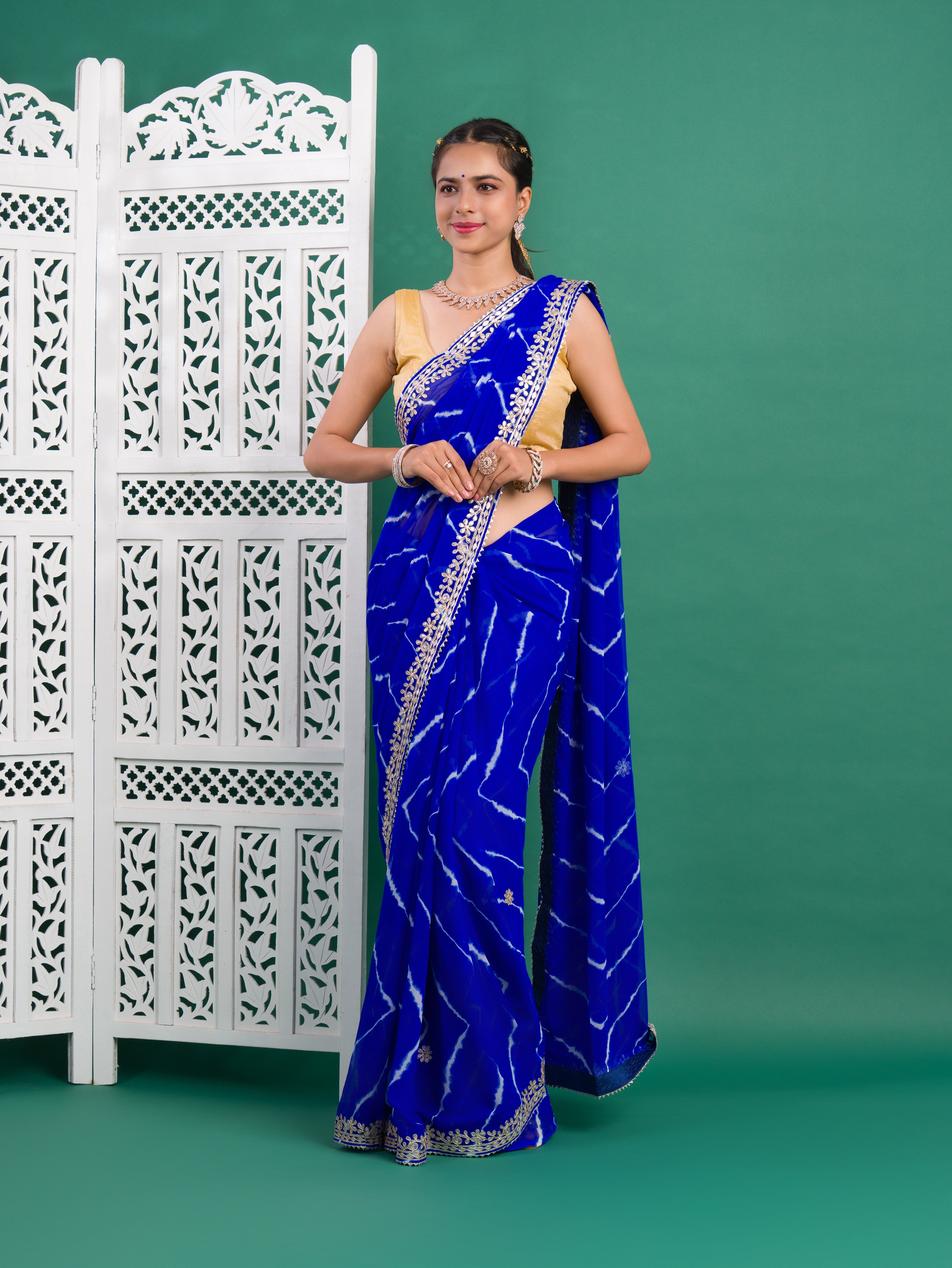 Chiffon Leheriya Style Wih Gotapatti Work Saree in blue color