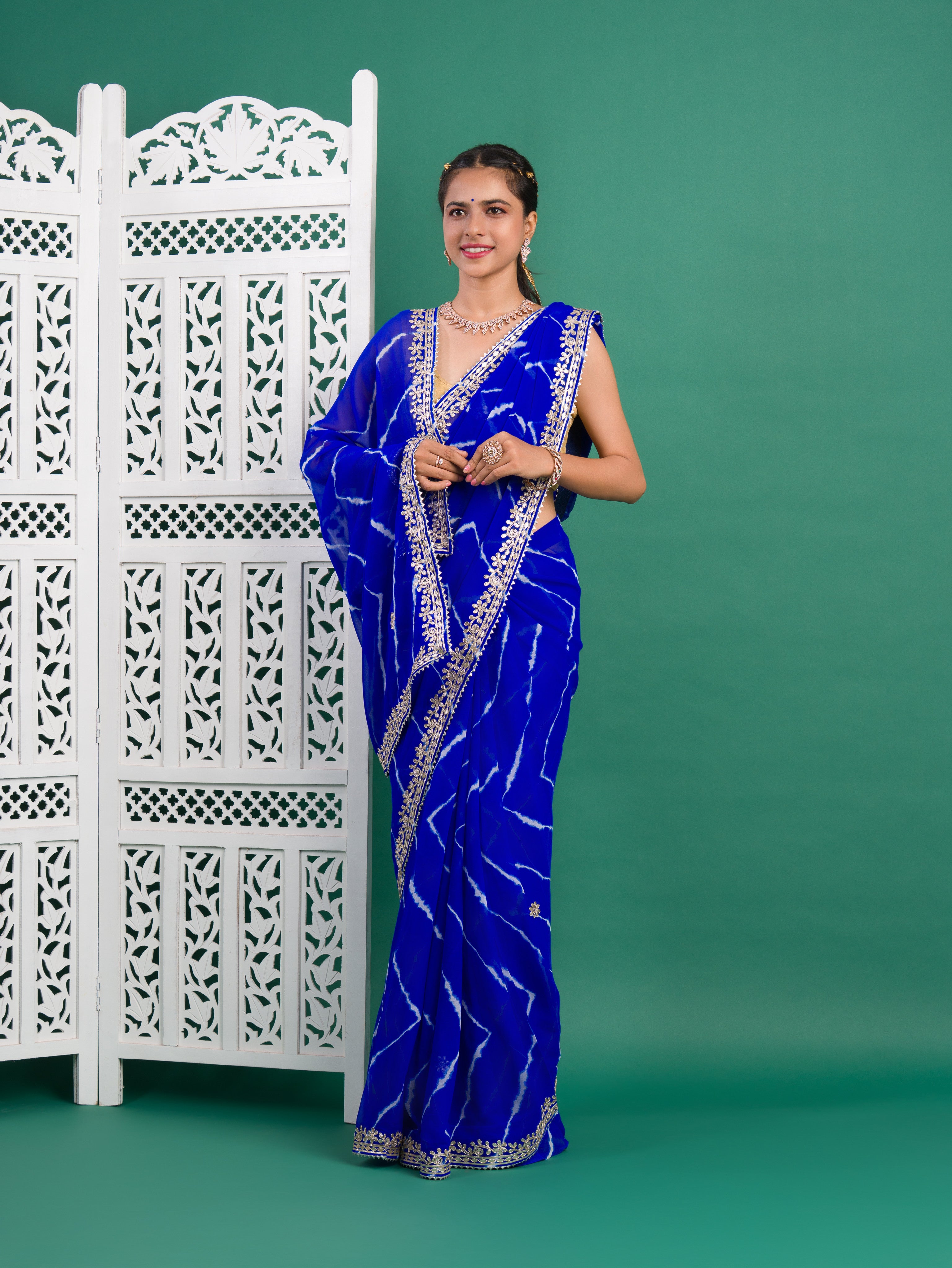 Chiffon Leheriya Style Wih Gotapatti Work Saree in blue color
