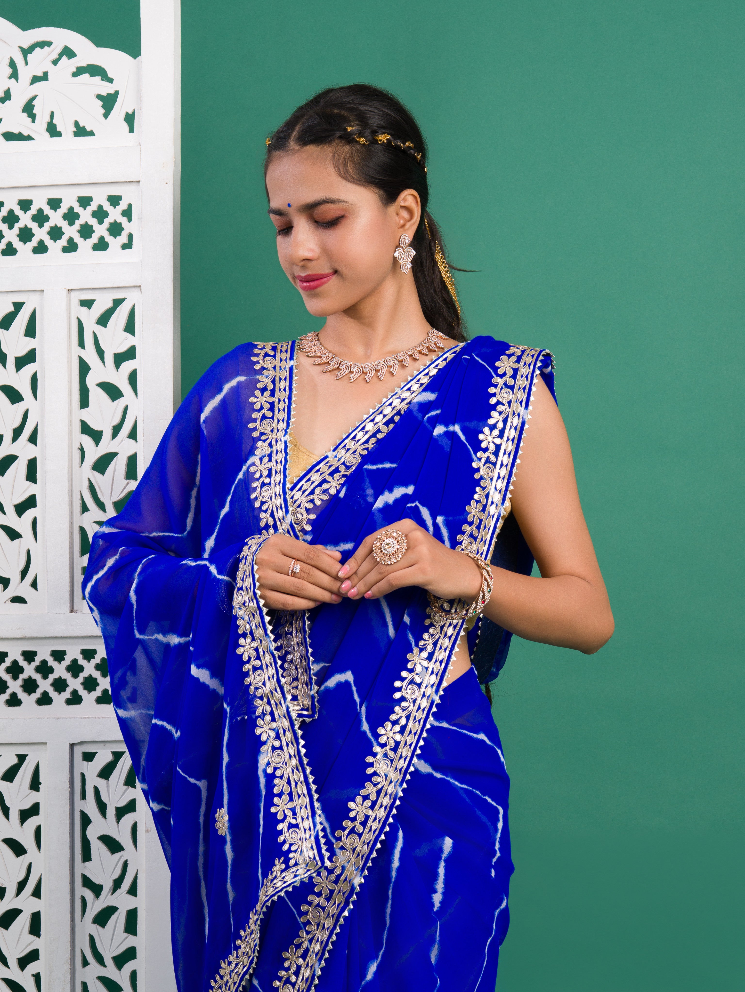 Chiffon Leheriya Style Wih Gotapatti Work Saree in blue color