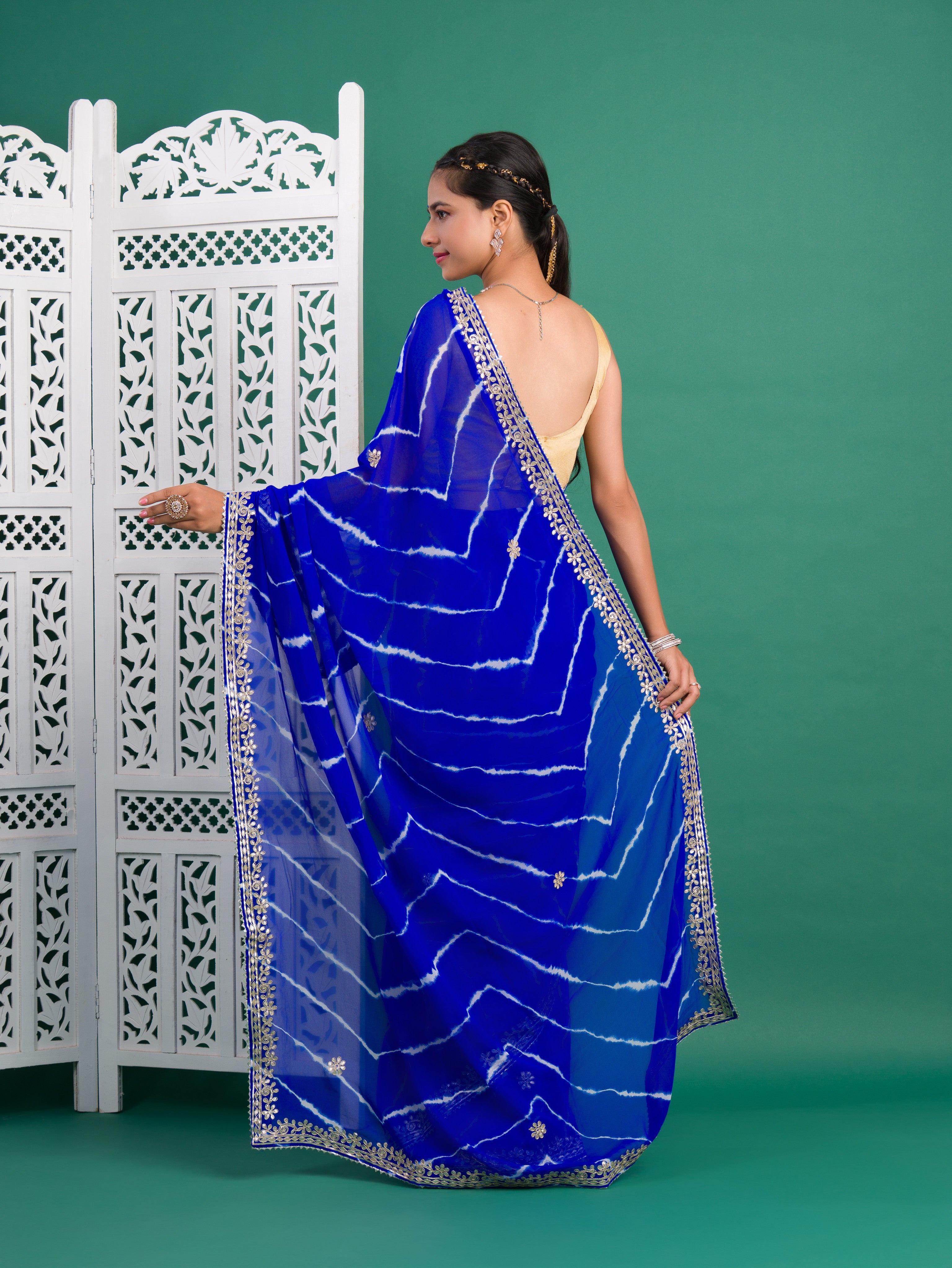 Chiffon Leheriya Style Wih Gotapatti Work Saree in blue color