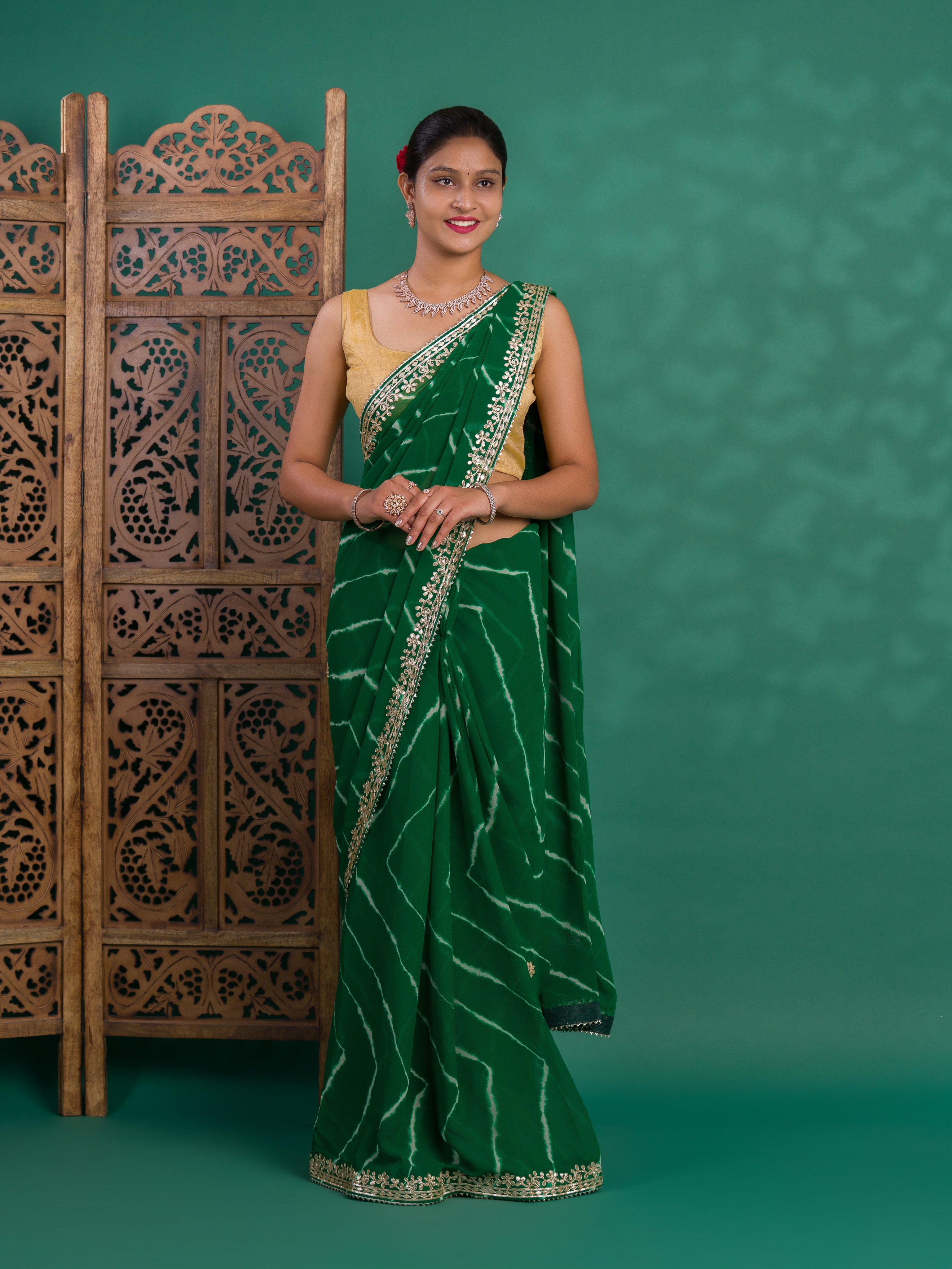 Chiffon Leheriya Style Wih Gotapatti Work Saree in green colour