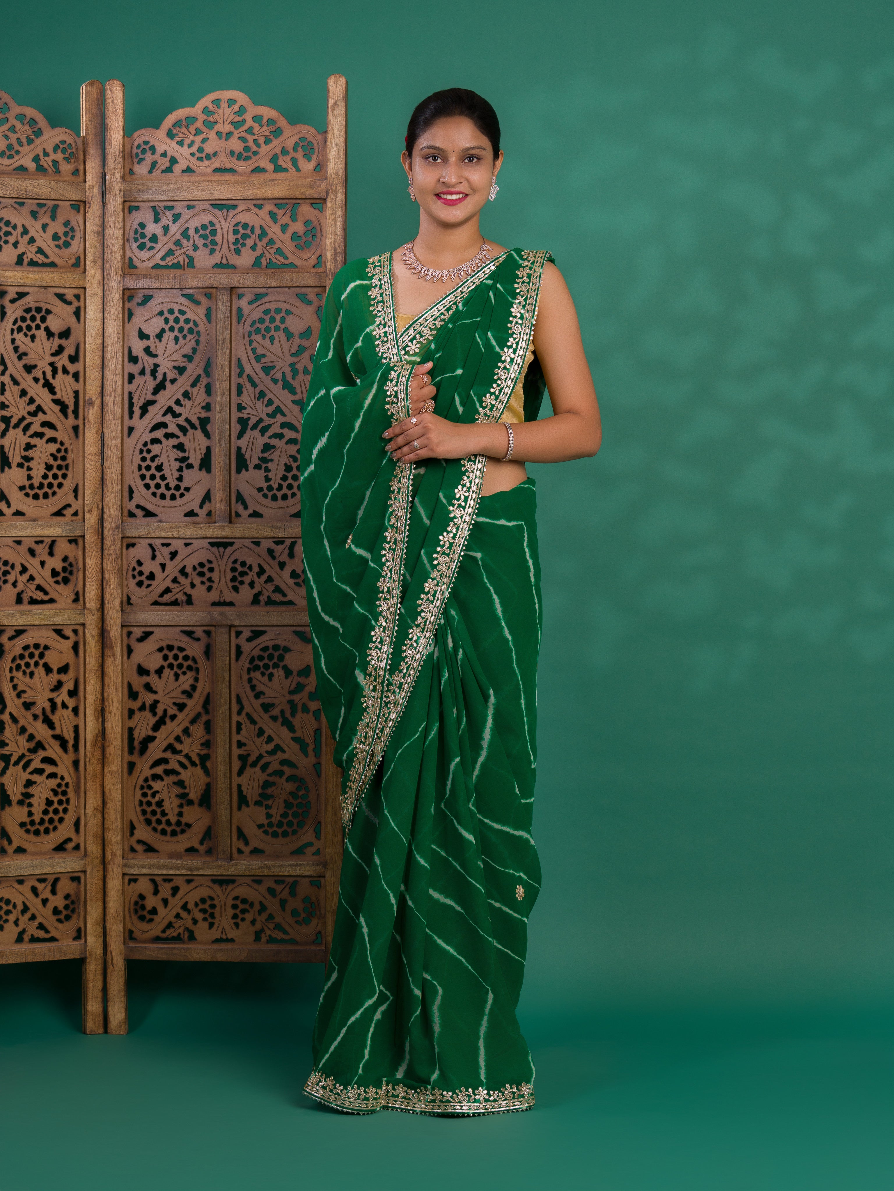 Chiffon Leheriya Style Wih Gotapatti Work Saree in green colour