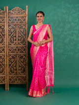 Silk Bandhani Style With Zari border Saree in pink colour under 1500