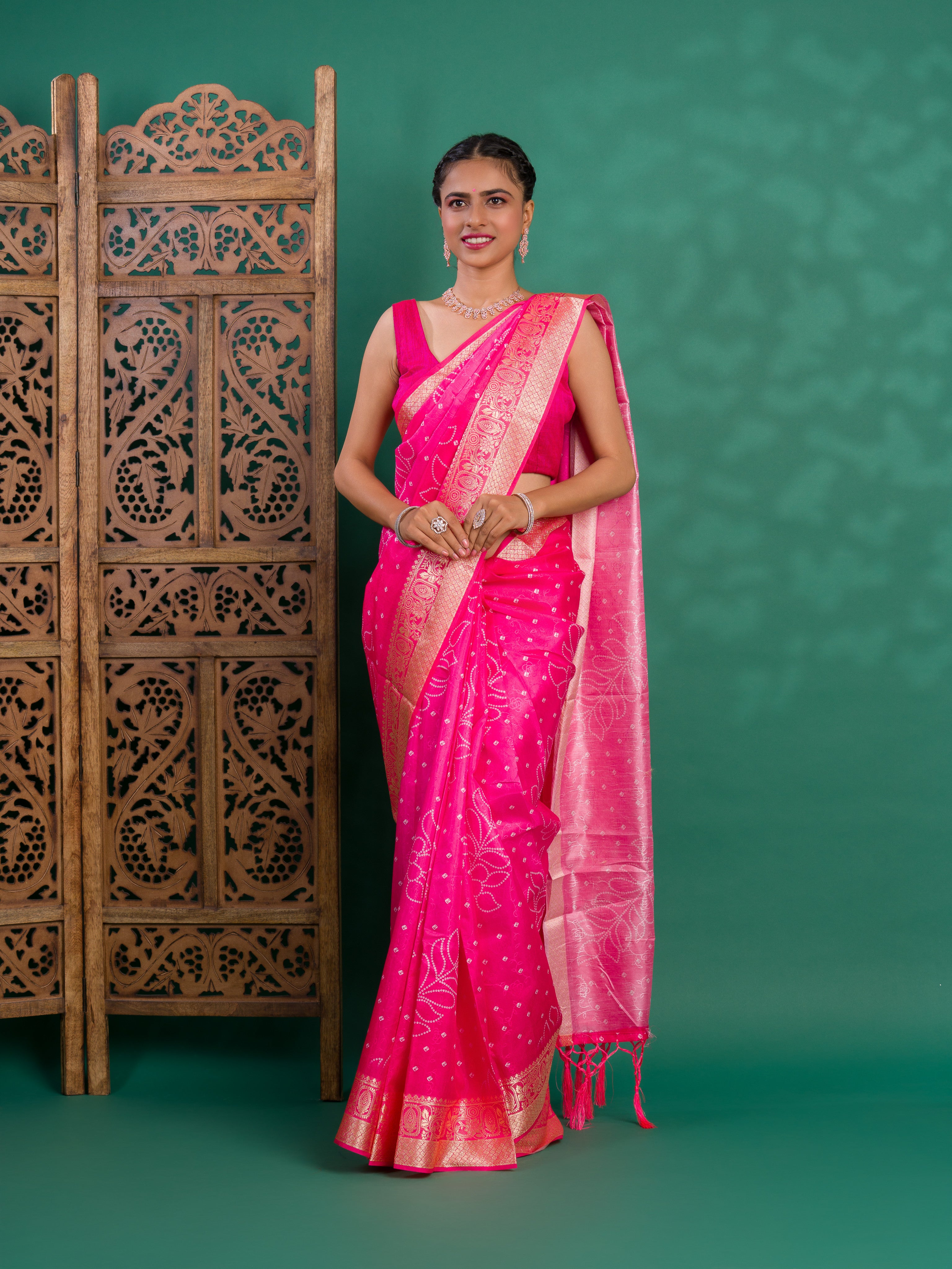 Silk Bandhani Style With Zari border Saree in pink colour under 1500