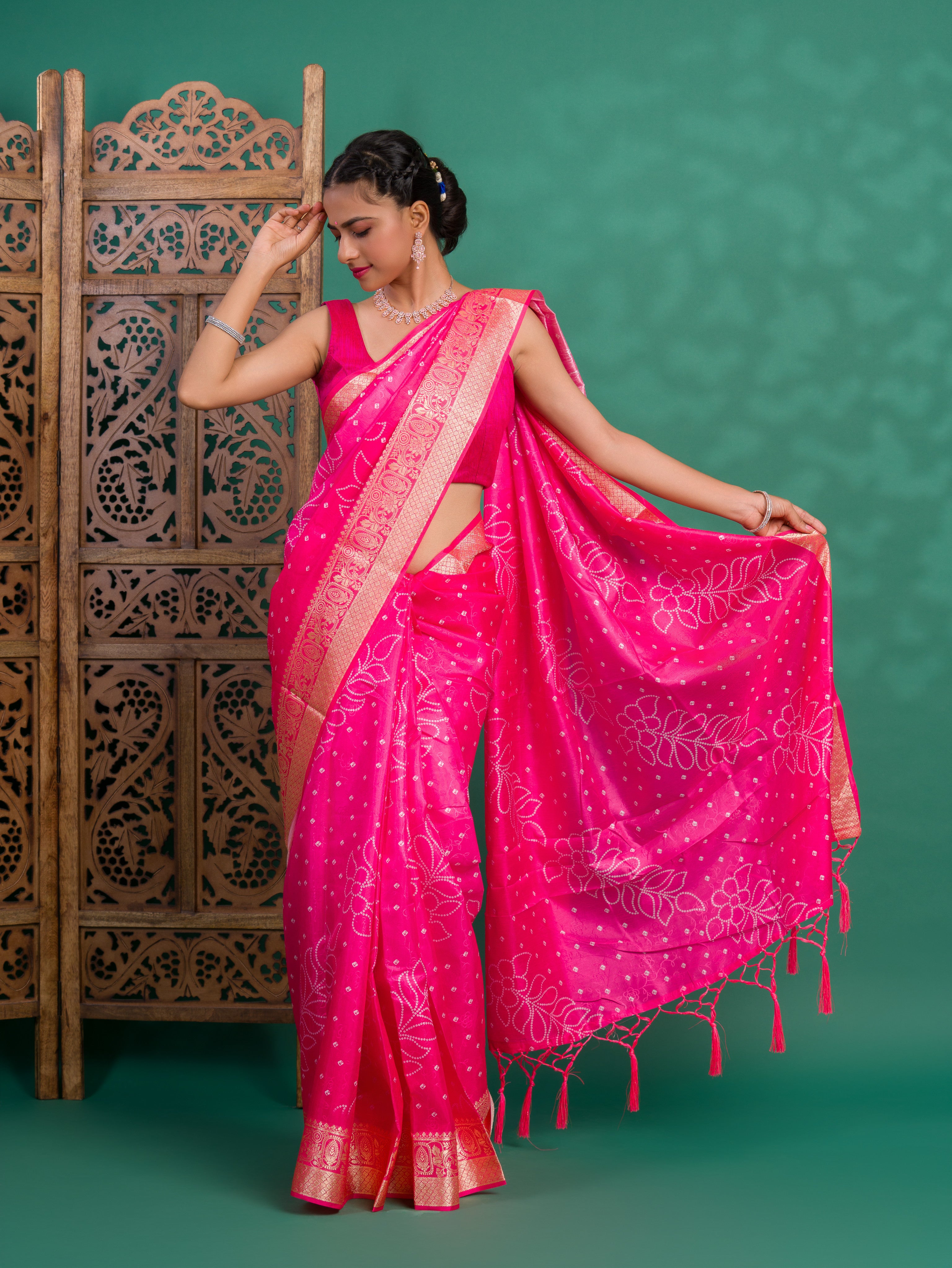 Silk Bandhani Style With Zari border Saree in pink colour under 1500