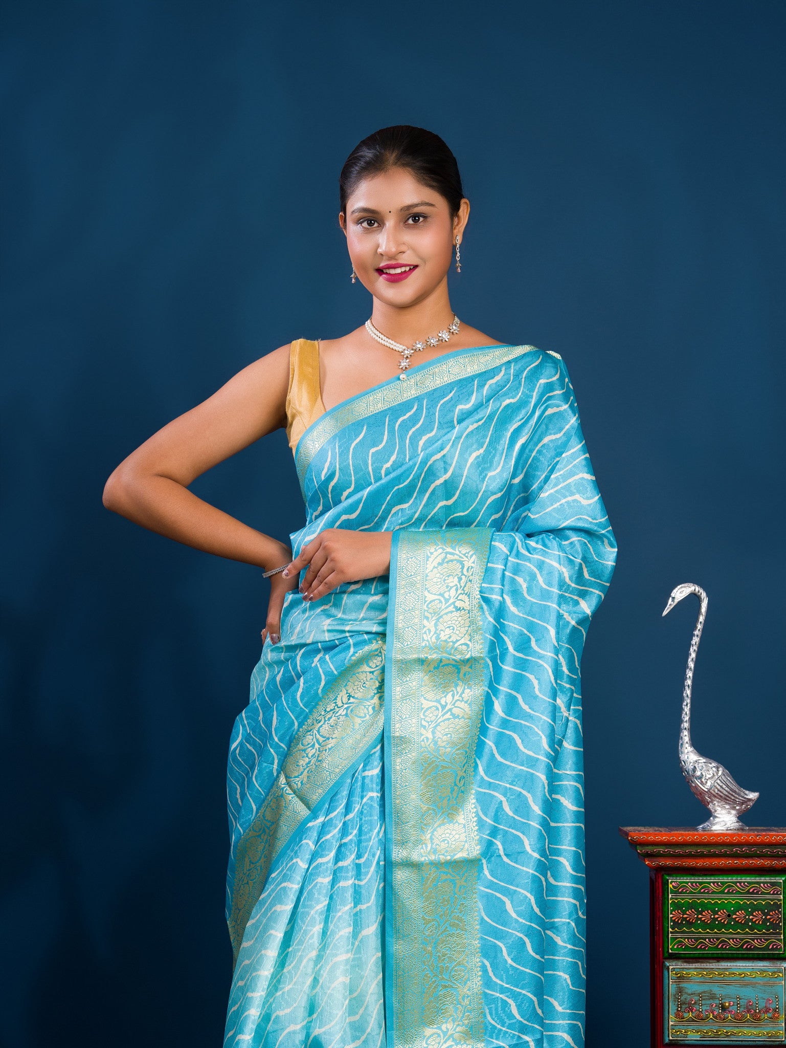 Dola Silk Leheriya Style With Zari border Saree in blue colour