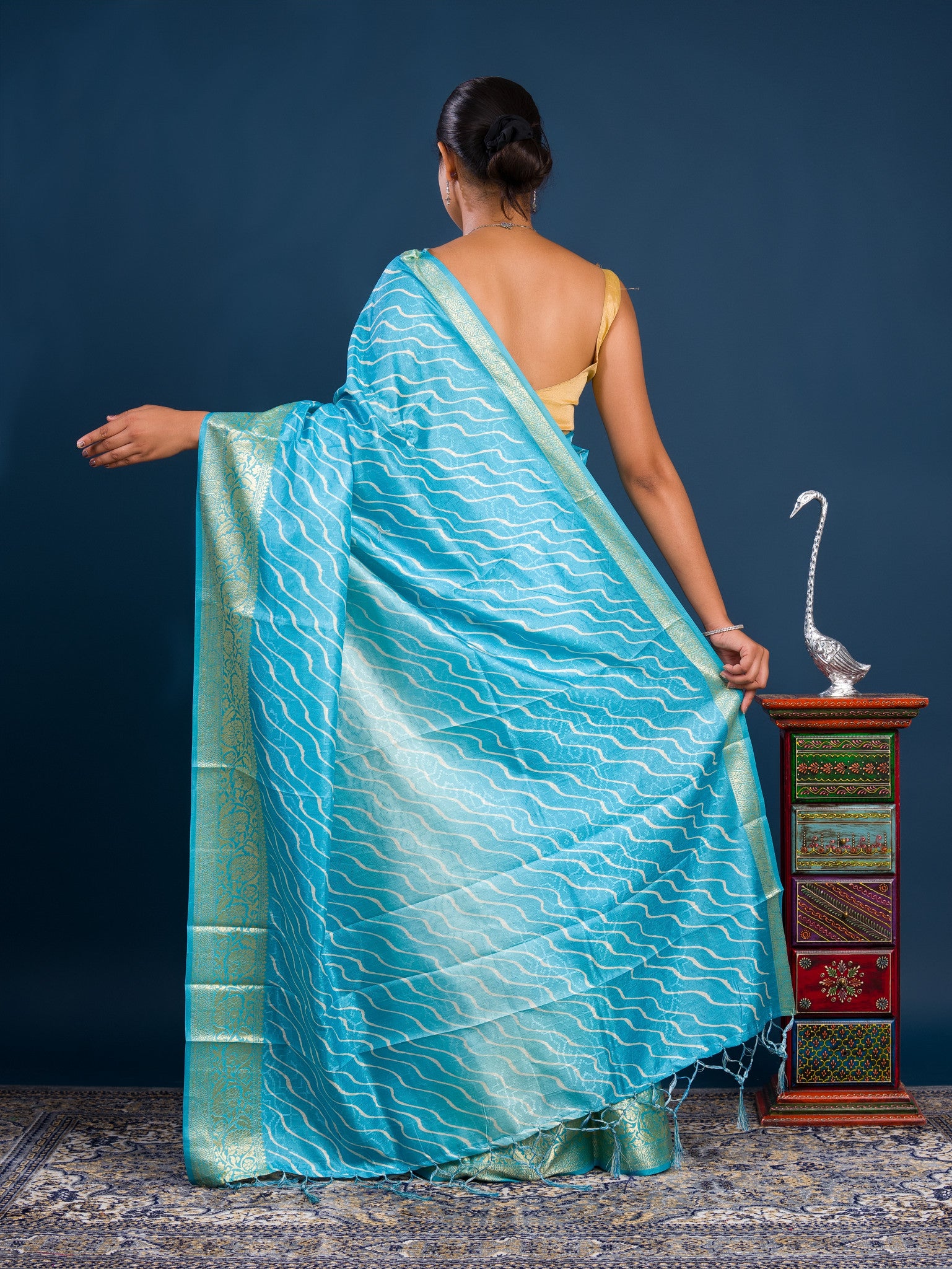 Dola Silk Leheriya Style With Zari border Saree in blue colour
