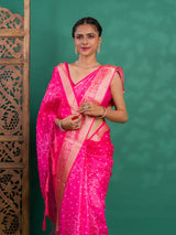 Silk Bandhani Style With Zari border Saree in pink colour under 1500