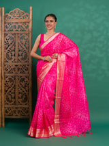 Silk Bandhani Style With Zari border Saree in pink colour under 1500