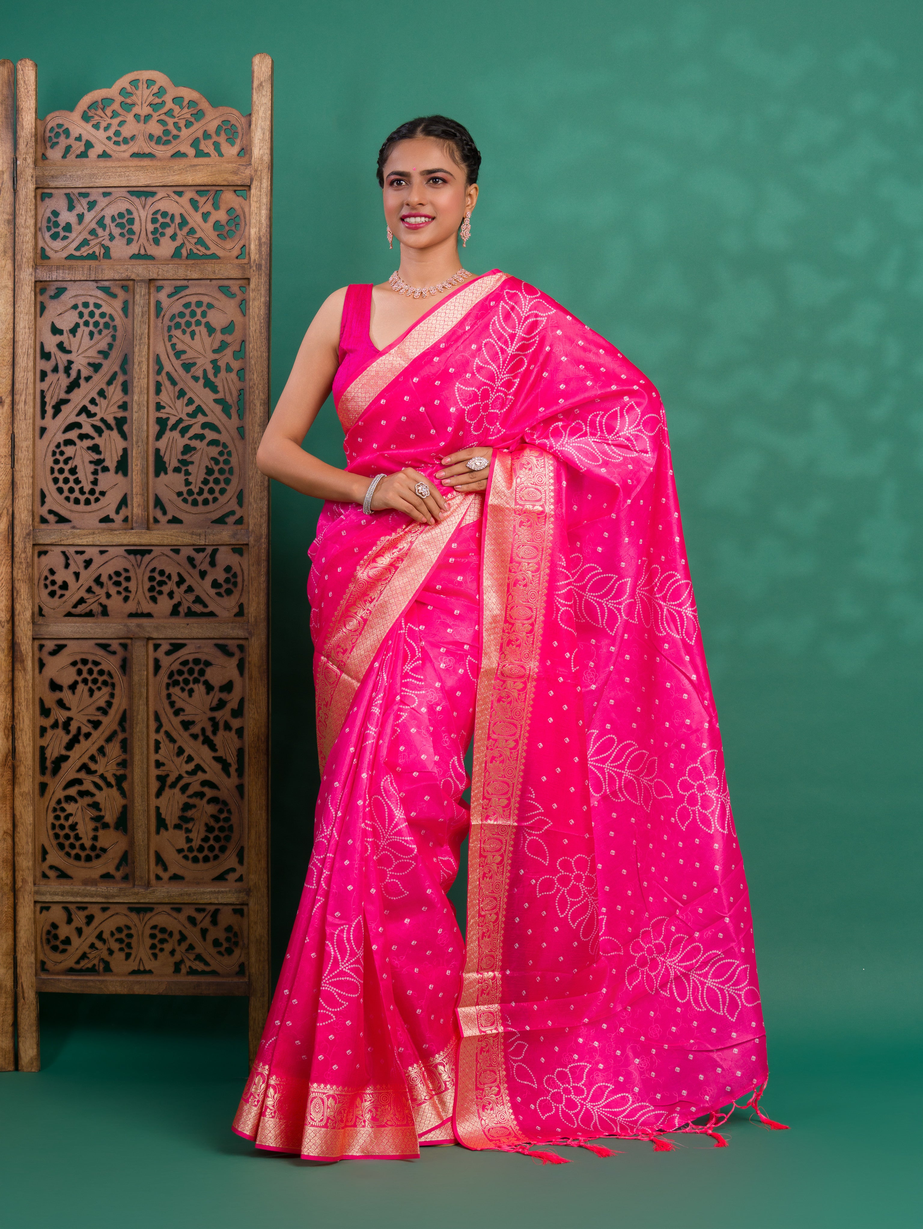 Silk Bandhani Style With Zari border Saree in pink colour under 1500
