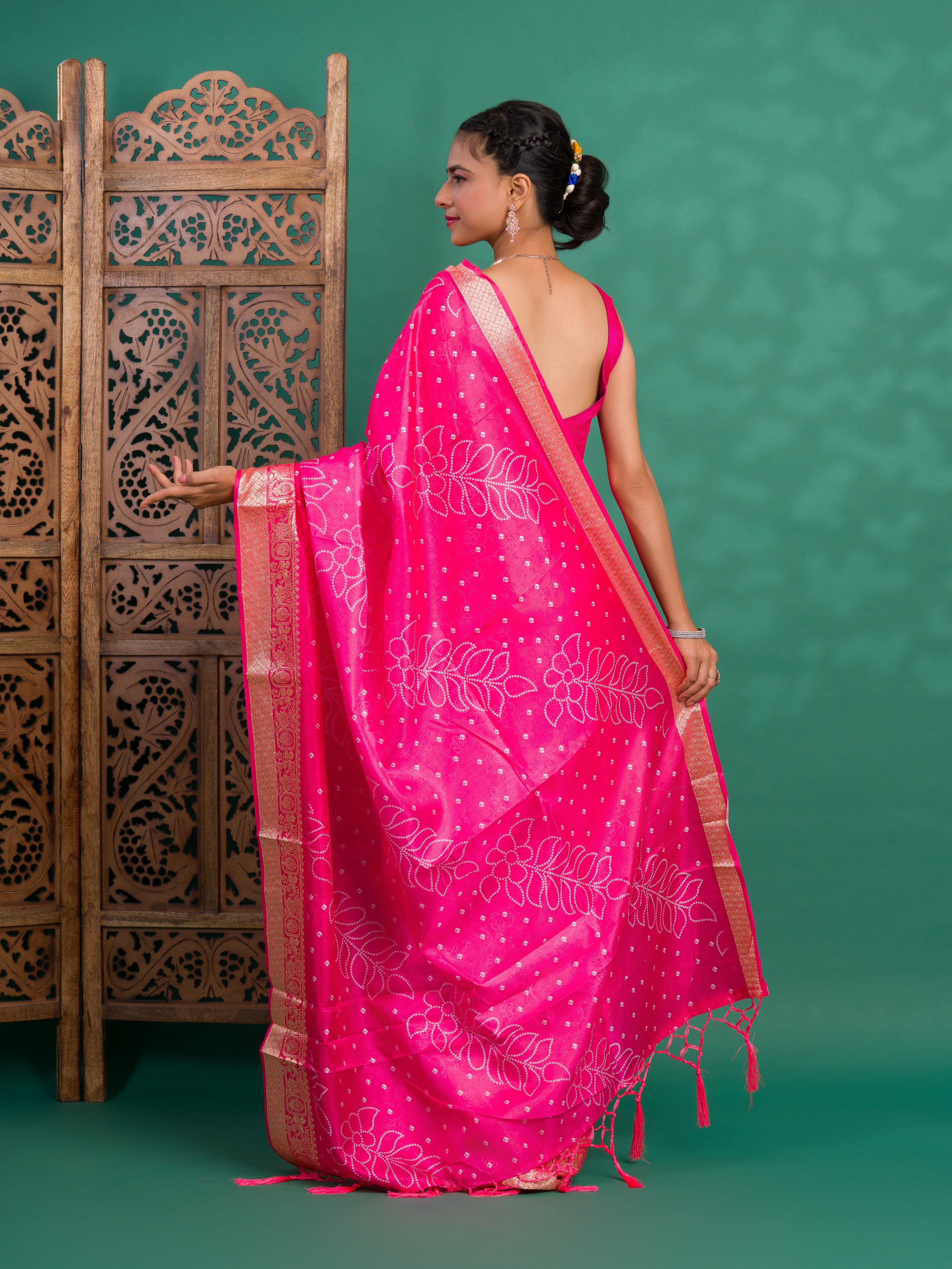 Silk Bandhani Style With Zari border Saree in pink colour under 1500