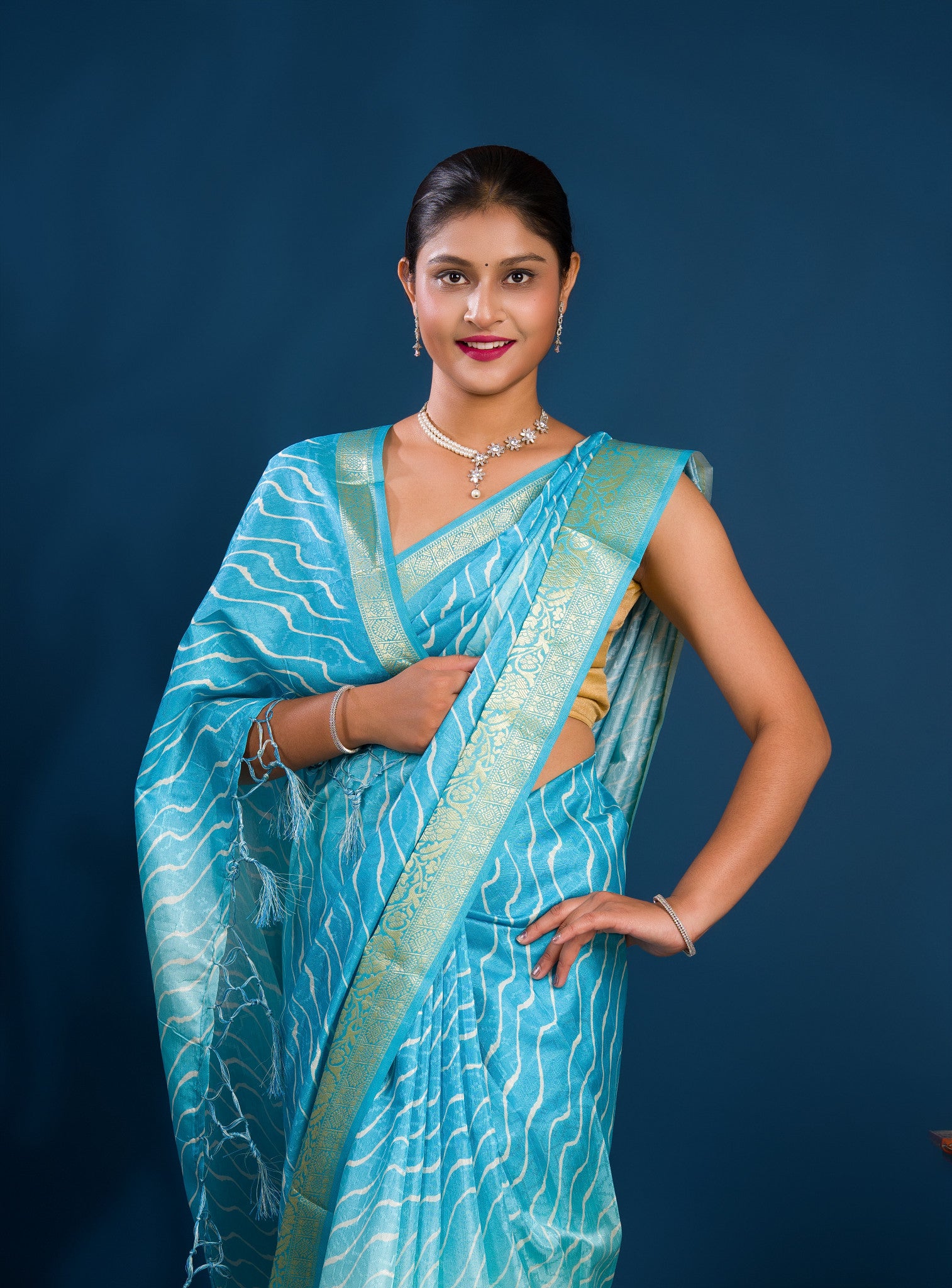 Dola Silk Leheriya Style With Zari border Saree in blue colour