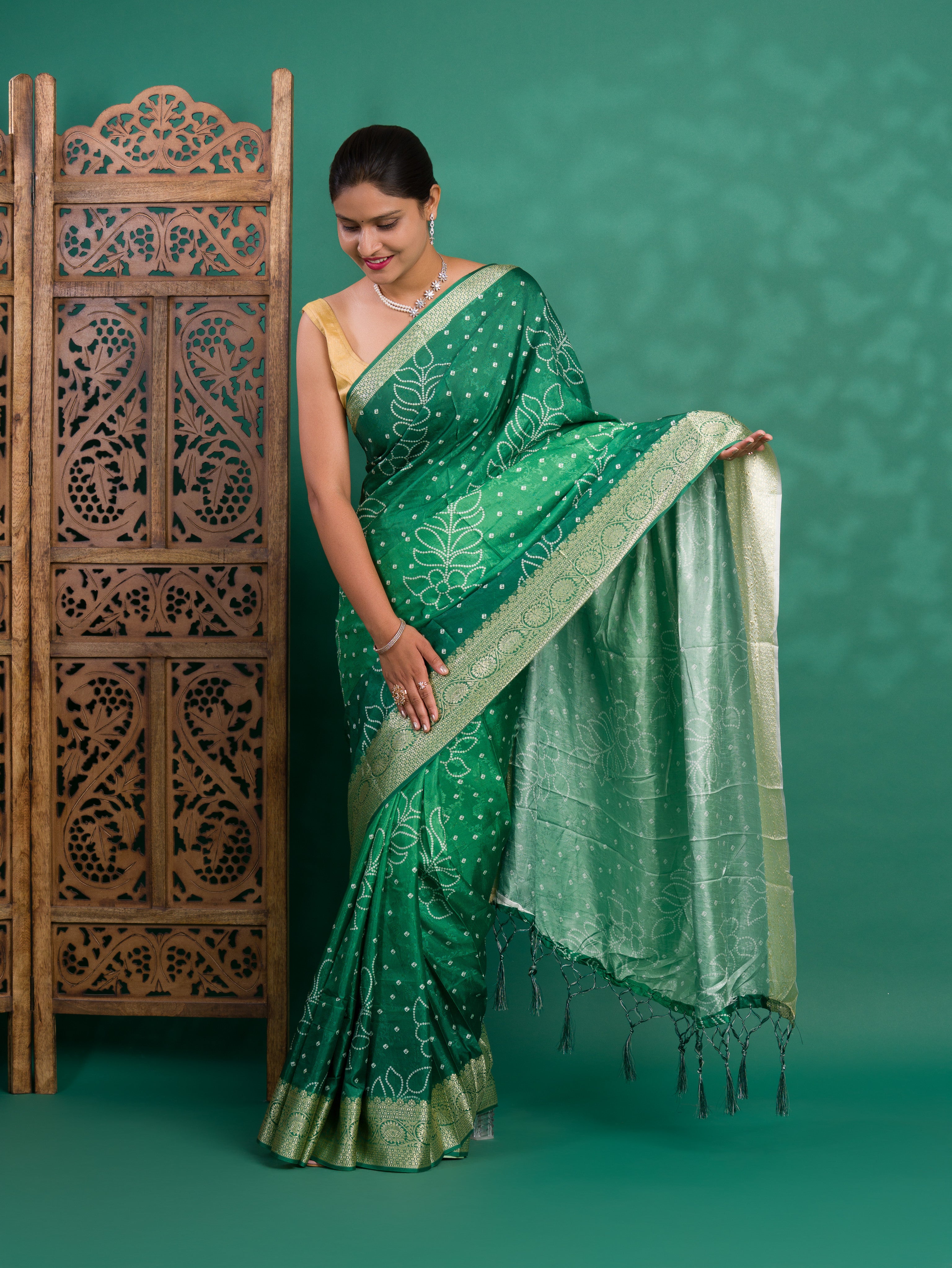 By New Beautiful Dola Silk Bandhani Style With Zari border Saree