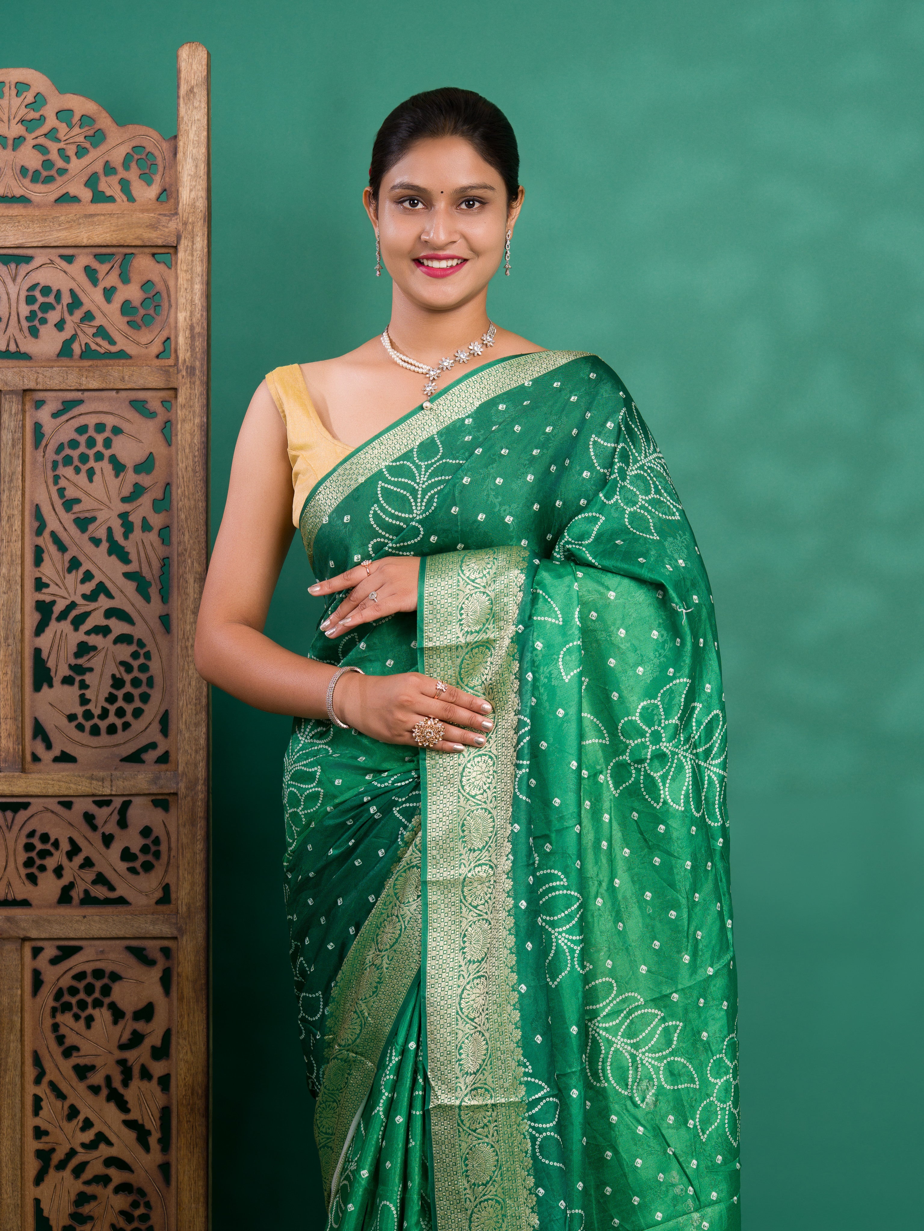 By New Beautiful Dola Silk Bandhani Style With Zari border Saree