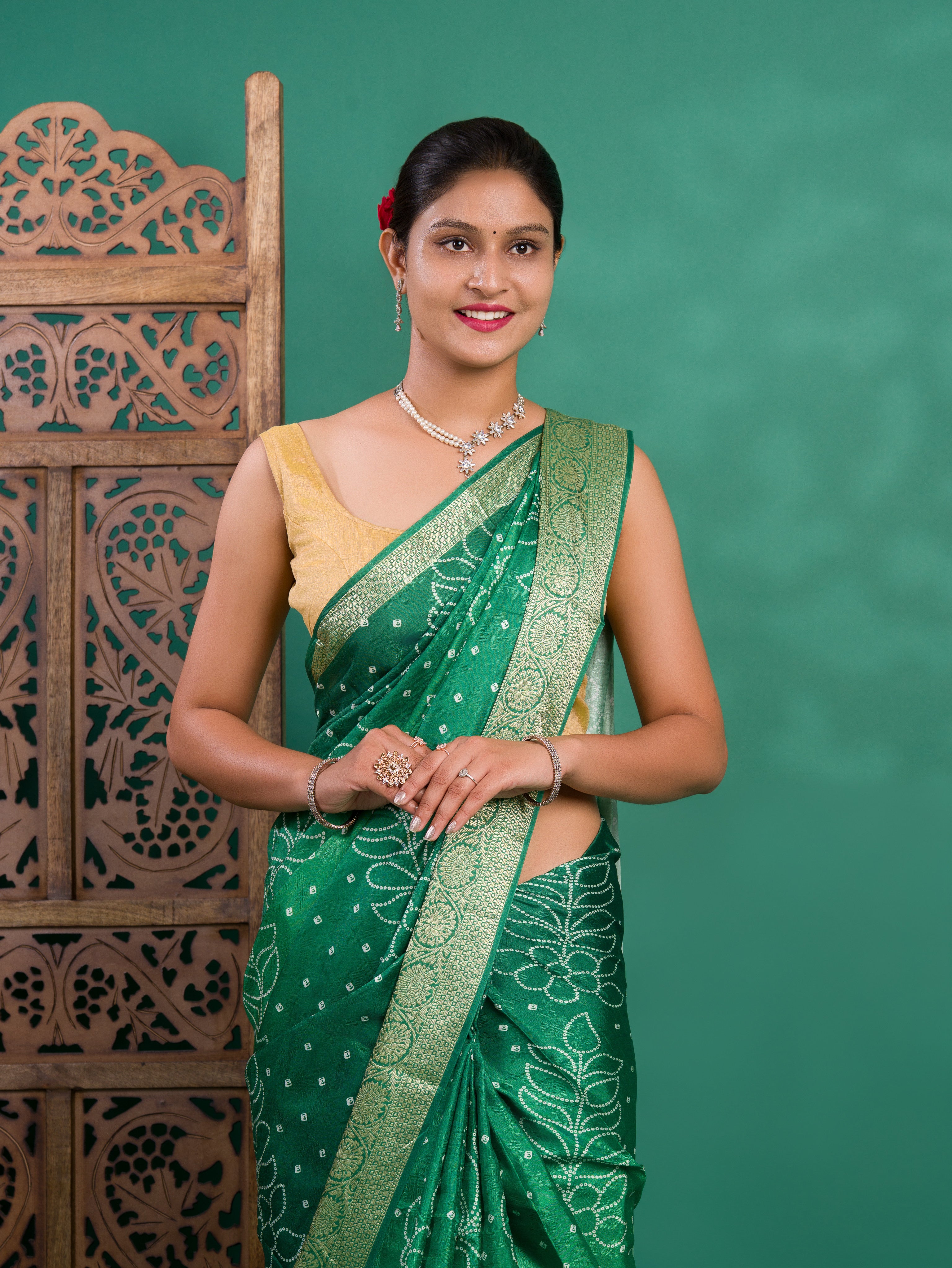 By New Beautiful Dola Silk Bandhani Style With Zari border Saree