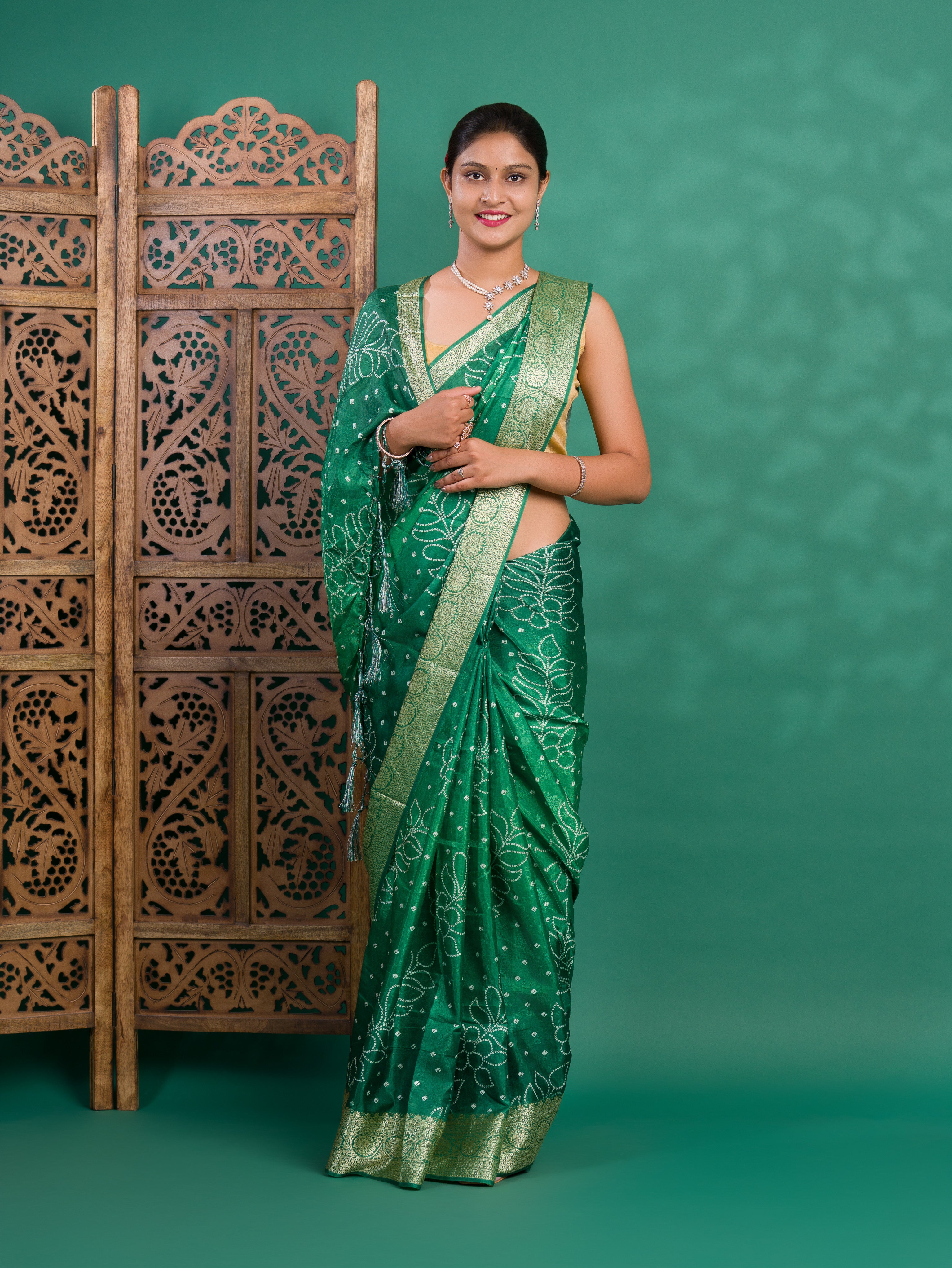 By New Beautiful Dola Silk Bandhani Style With Zari border Saree