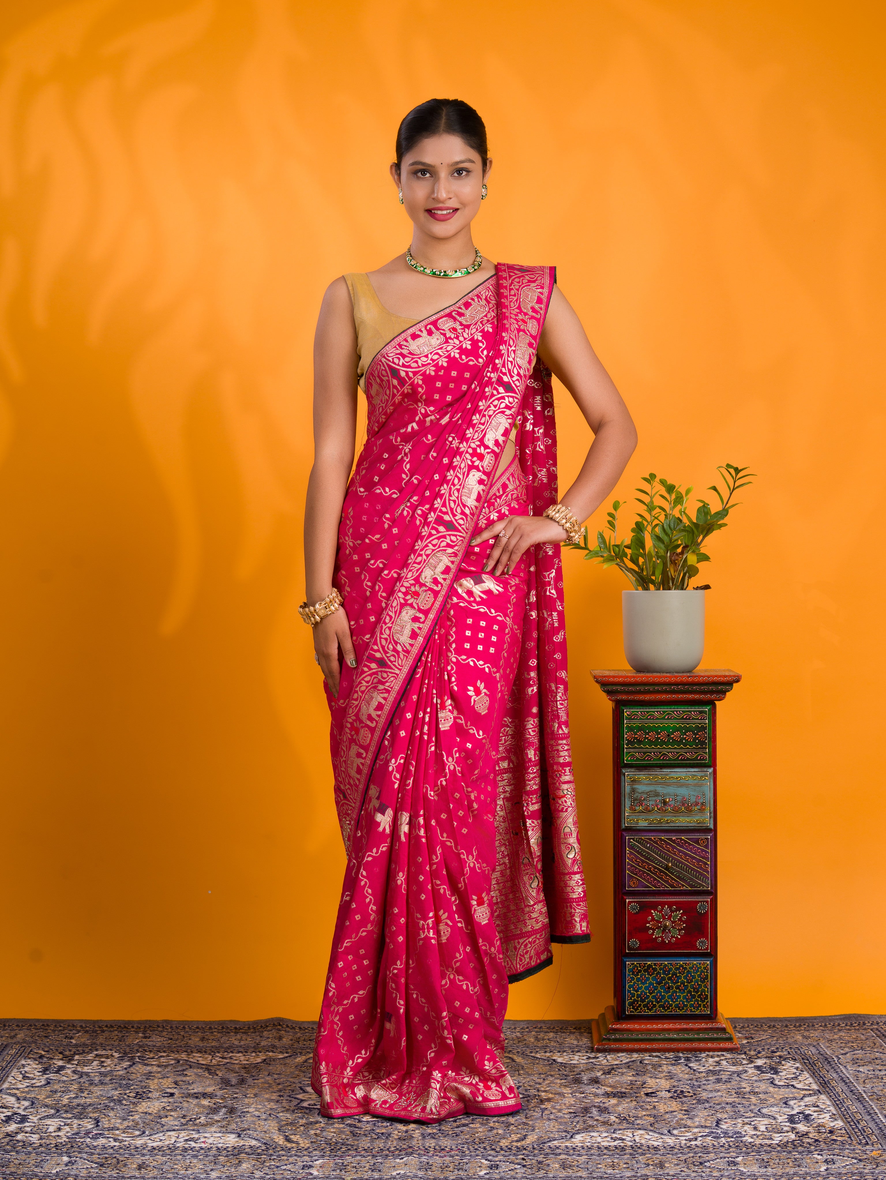 A traditional Dola Silk Banarasi Style With Stone Work Saree in pink colour