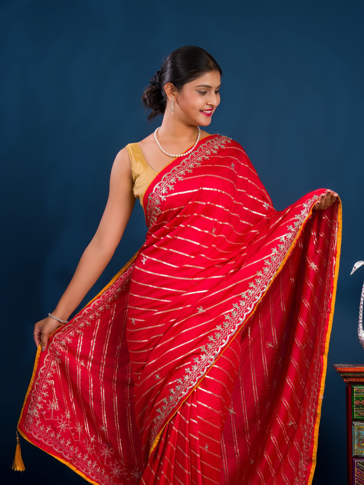 By New Beautiful Leheriya Style With Embroidery Work Saree