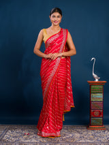 By New Beautiful Leheriya Style With Embroidery Work Saree