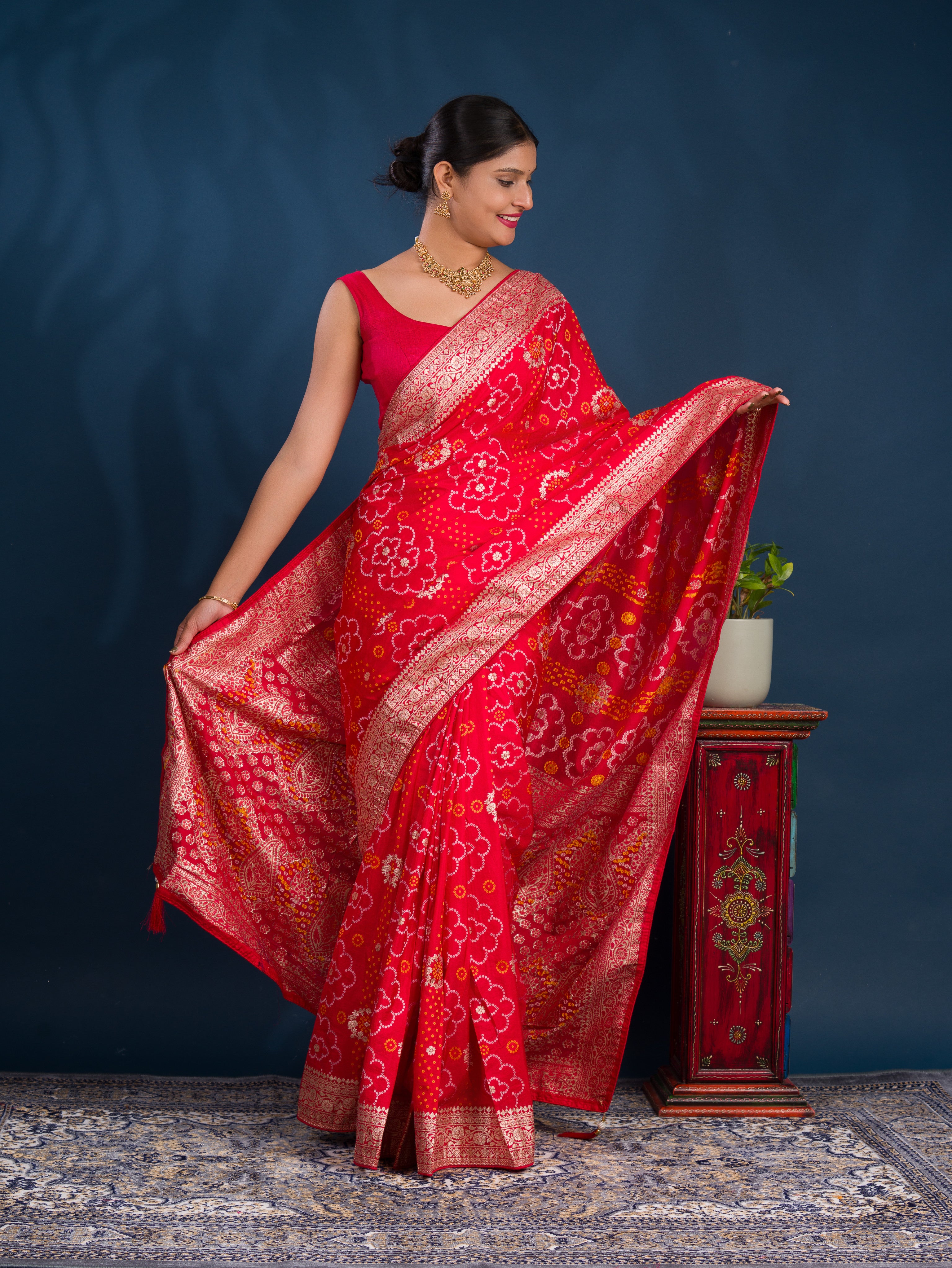 By Bandhani Style With Zari Border Work Saree