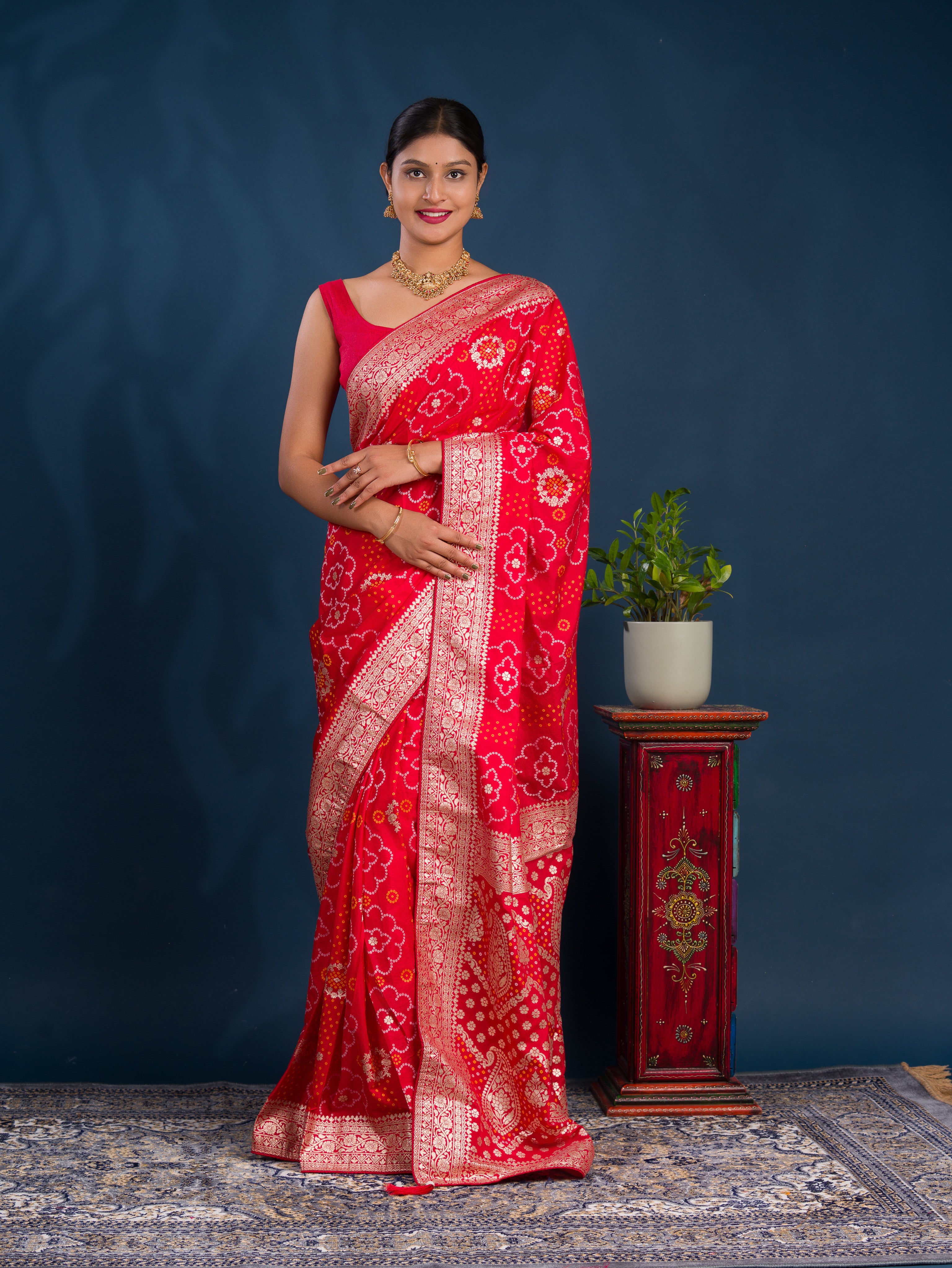 By Bandhani Style With Zari Border Work Saree