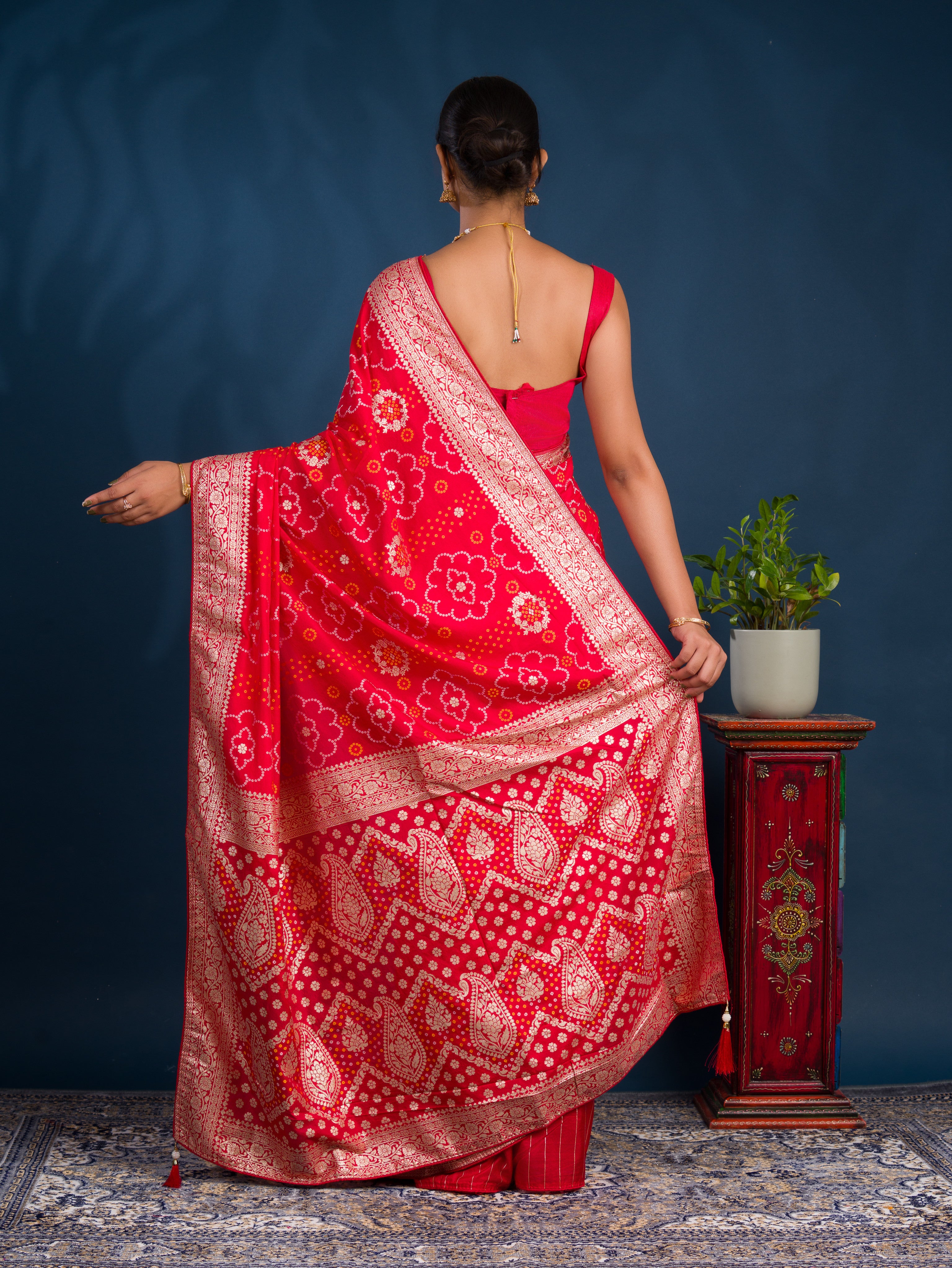 By Bandhani Style With Zari Border Work Saree