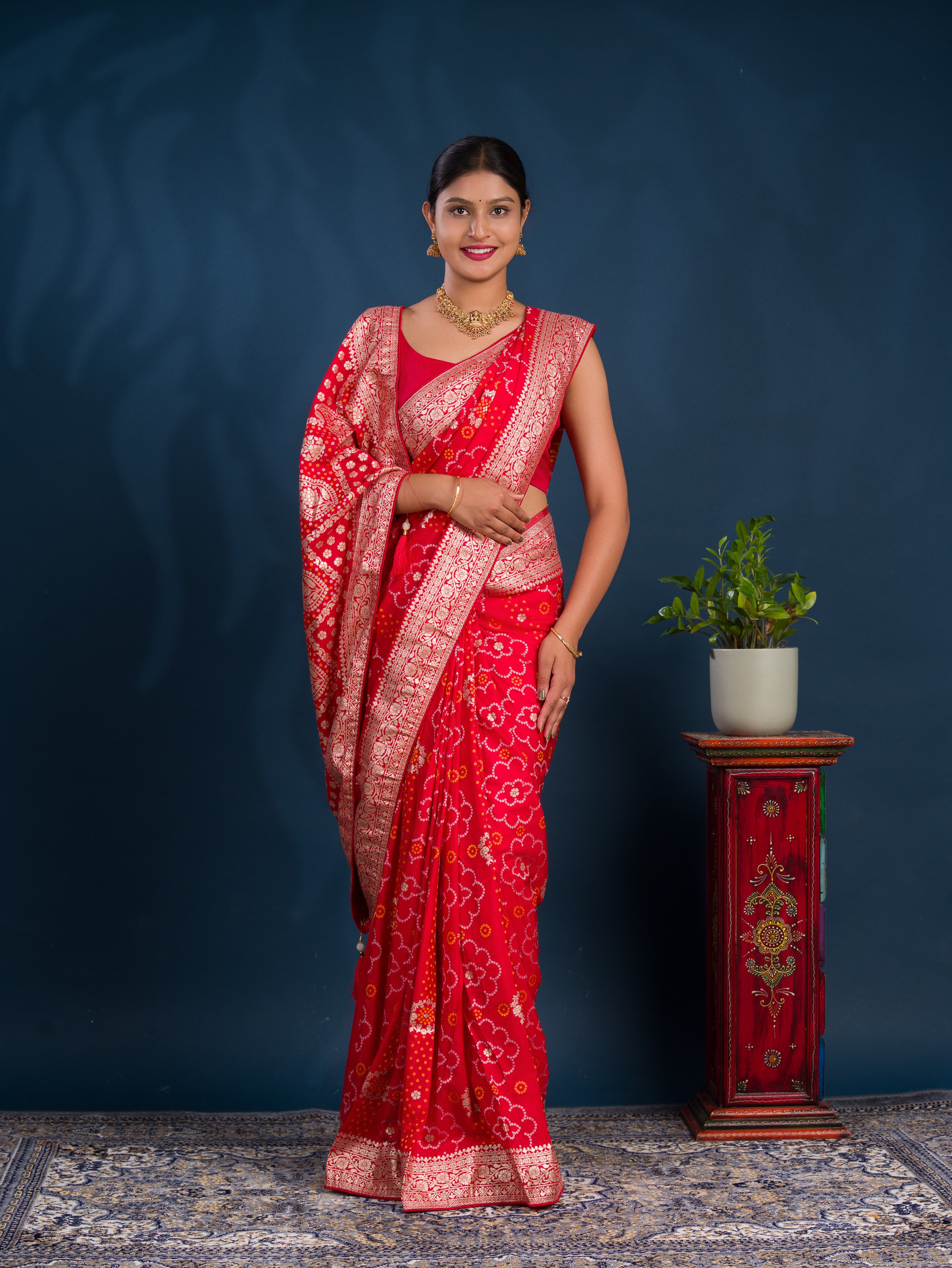 By Bandhani Style With Zari Border Work Saree