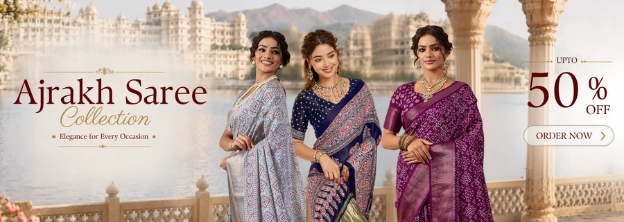 Buy Original Ajrakh Sarees – Handblock printed, Flat 50% Off