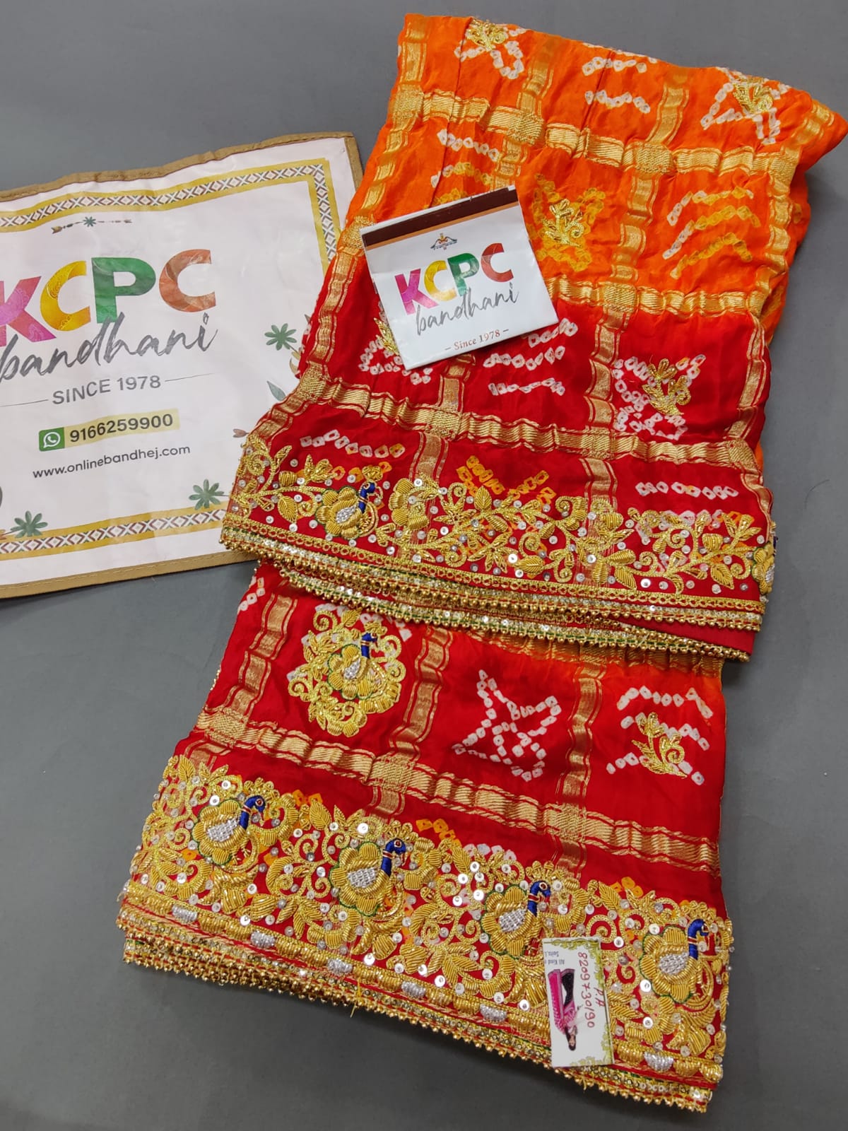KcPc Trending Pure Gaji Silk Bandhani Jardozi Work Ghatchola Odhna in Aara Tari Handwork Pila (Red Orange)
