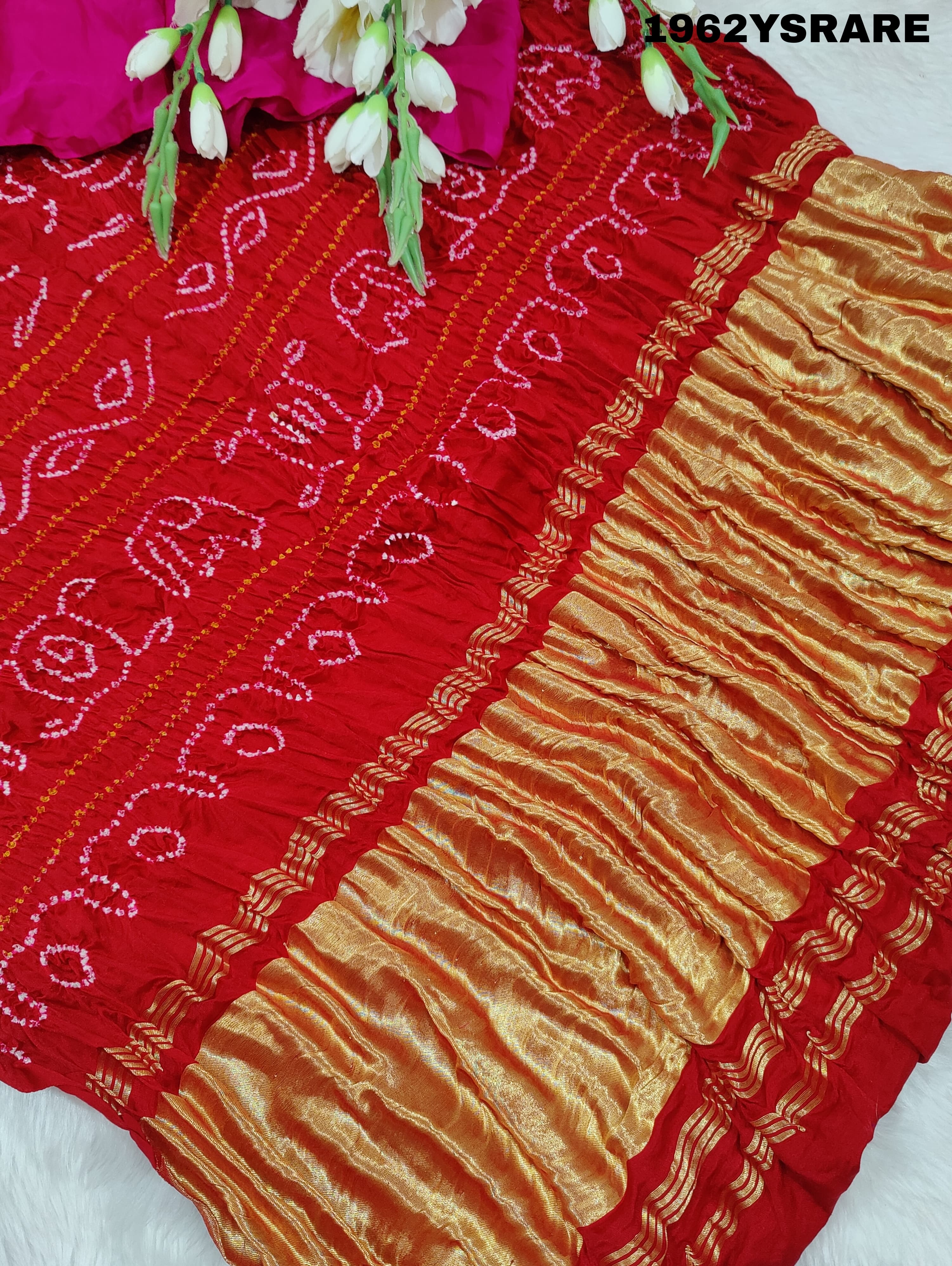 Gaji Silk Laddu Bhandej style Saree in red colour