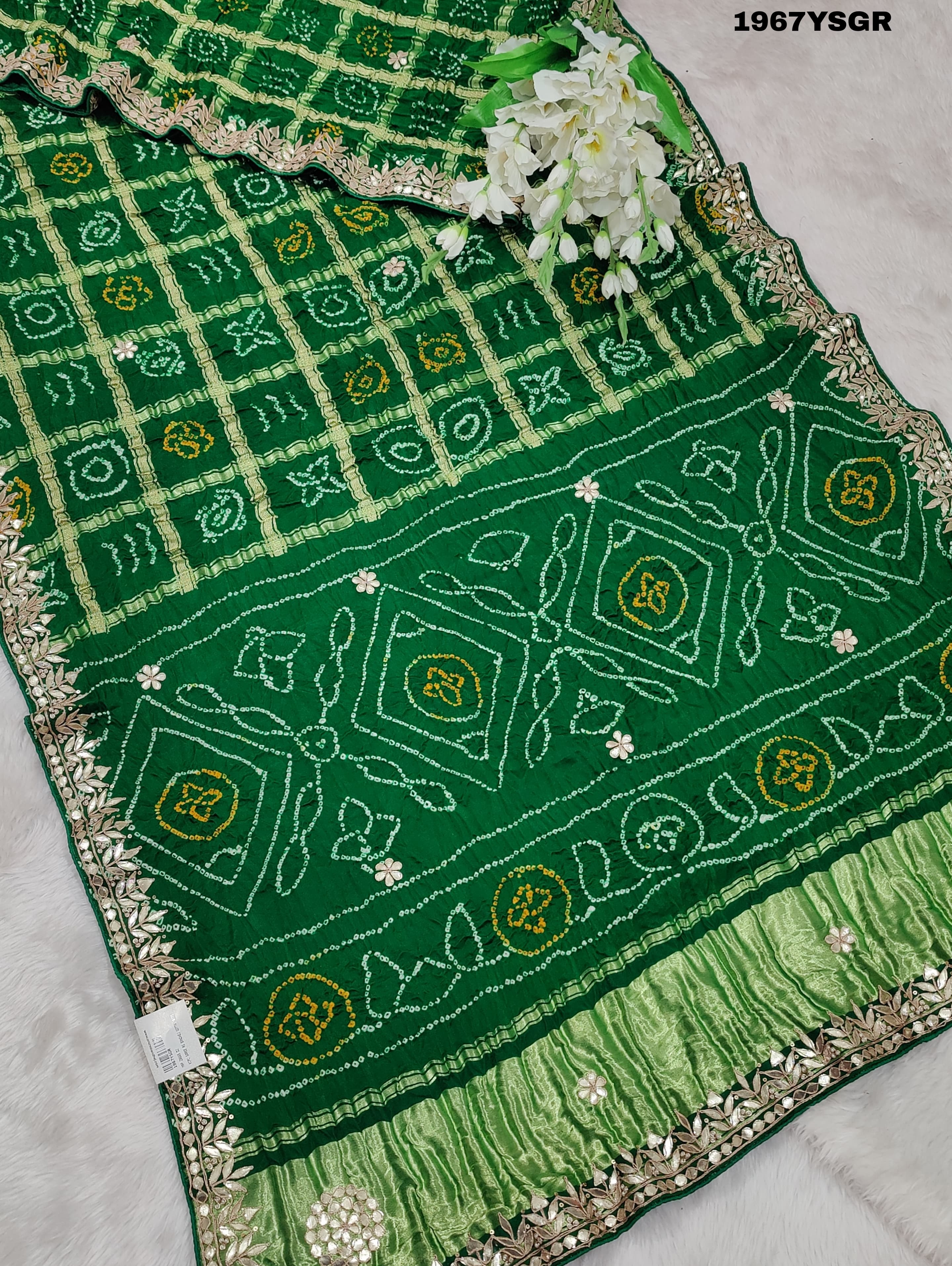 Gaji silk Bandhani Gota patti Work saree in green colour