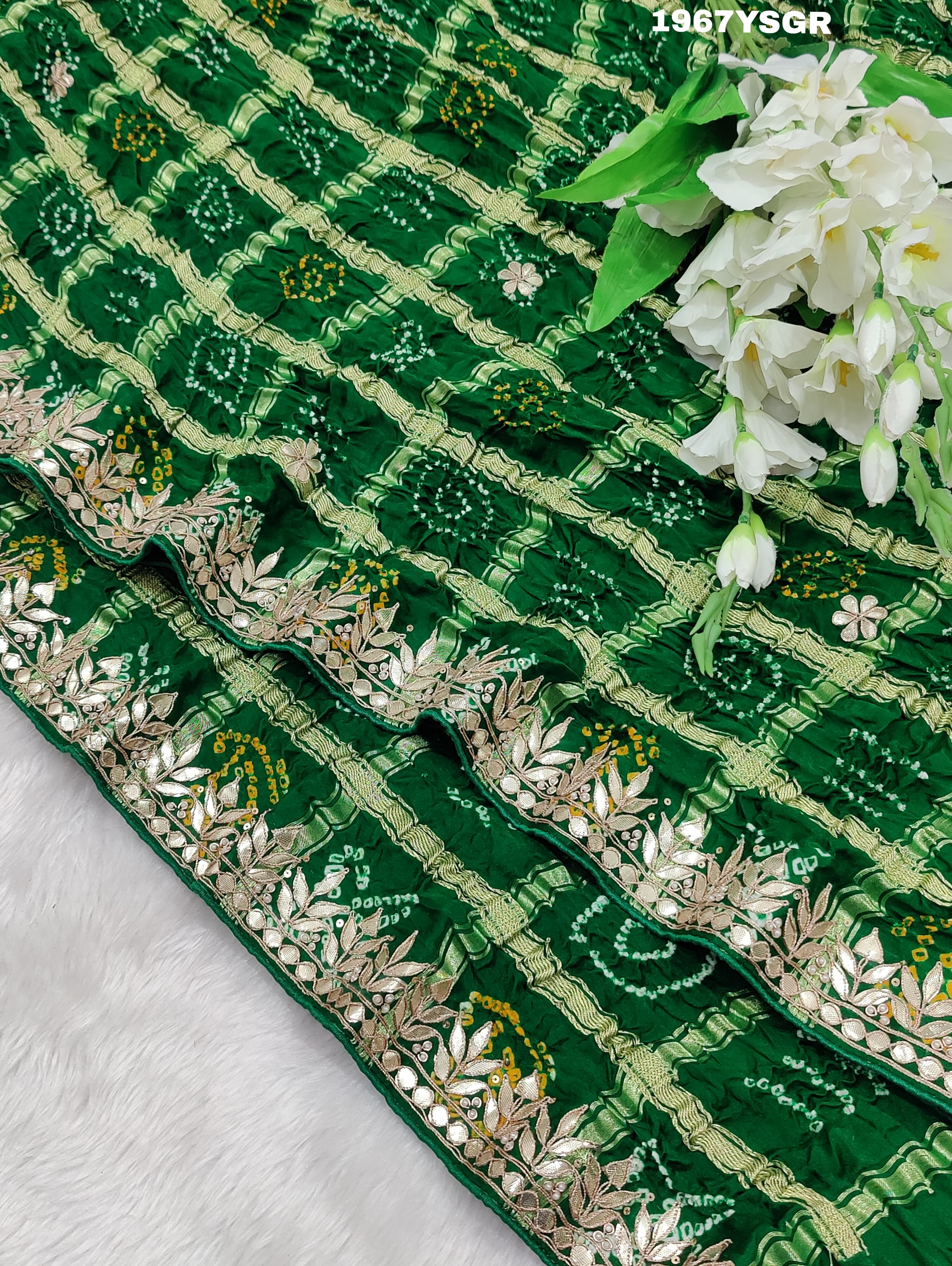 Gaji silk Bandhani Gota patti Work saree in green colour
