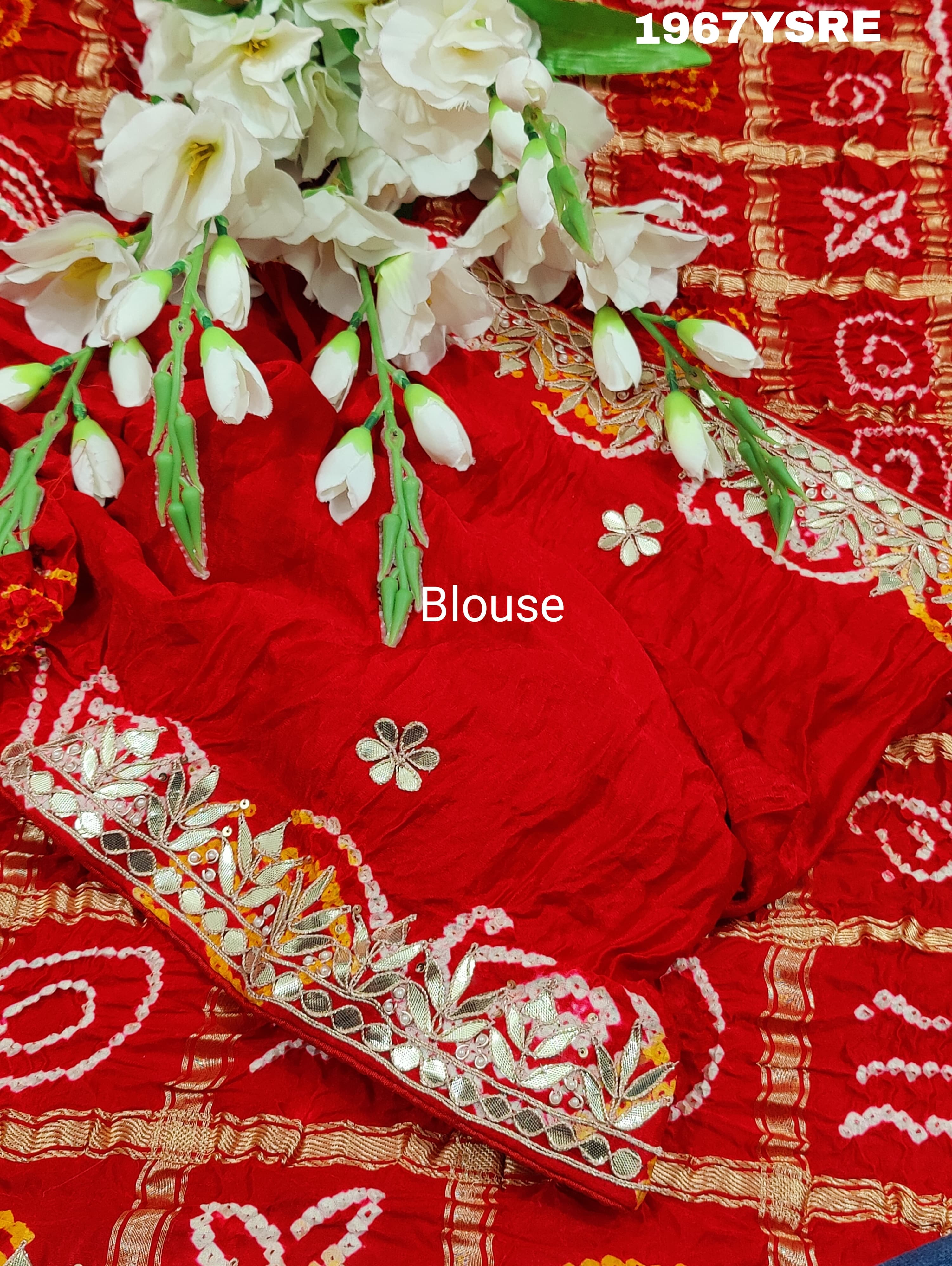 A red Gaji silk Bandhani saree Gota patti work