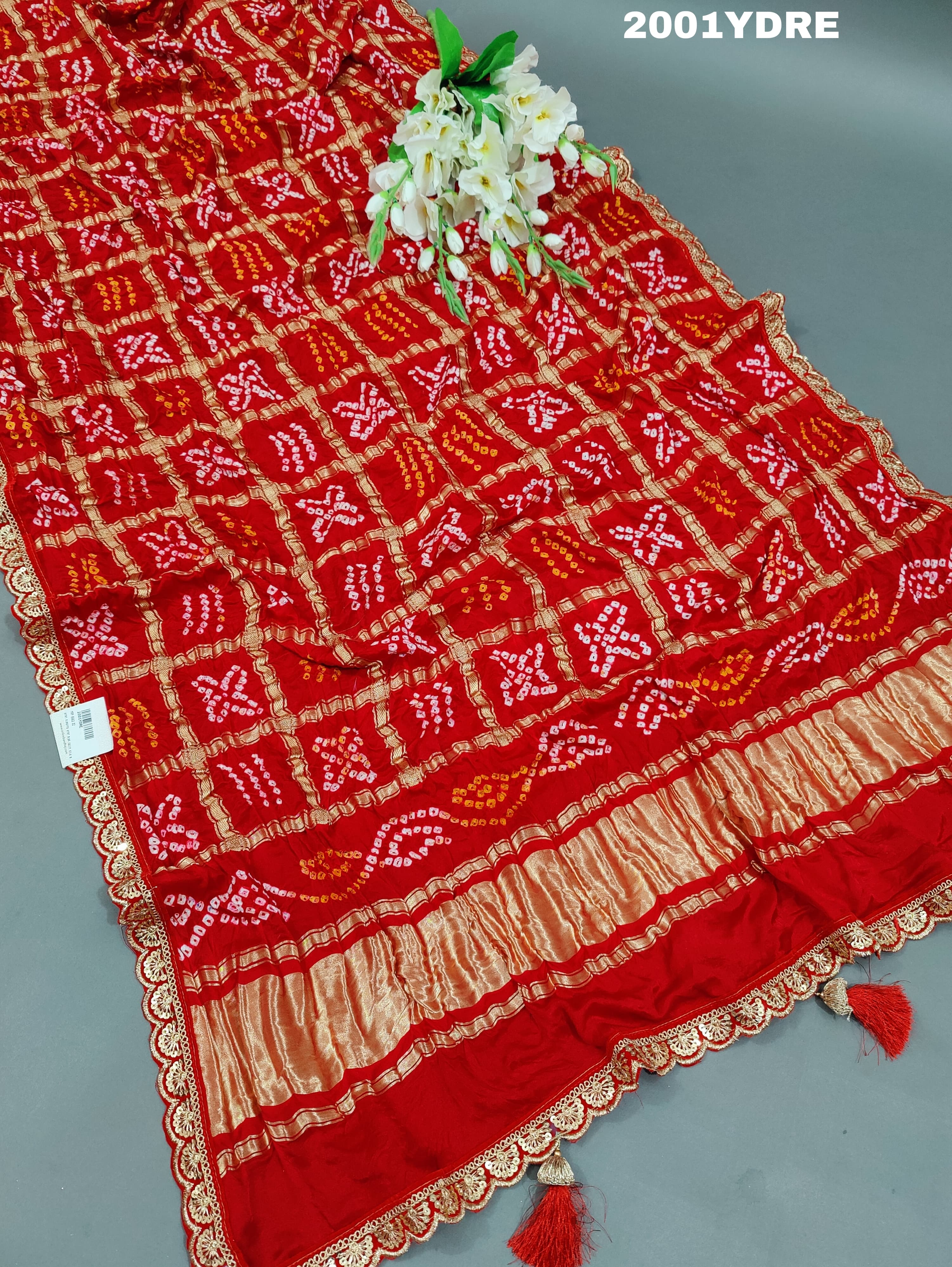 by red and silver bandhani silk dupatta kcpc