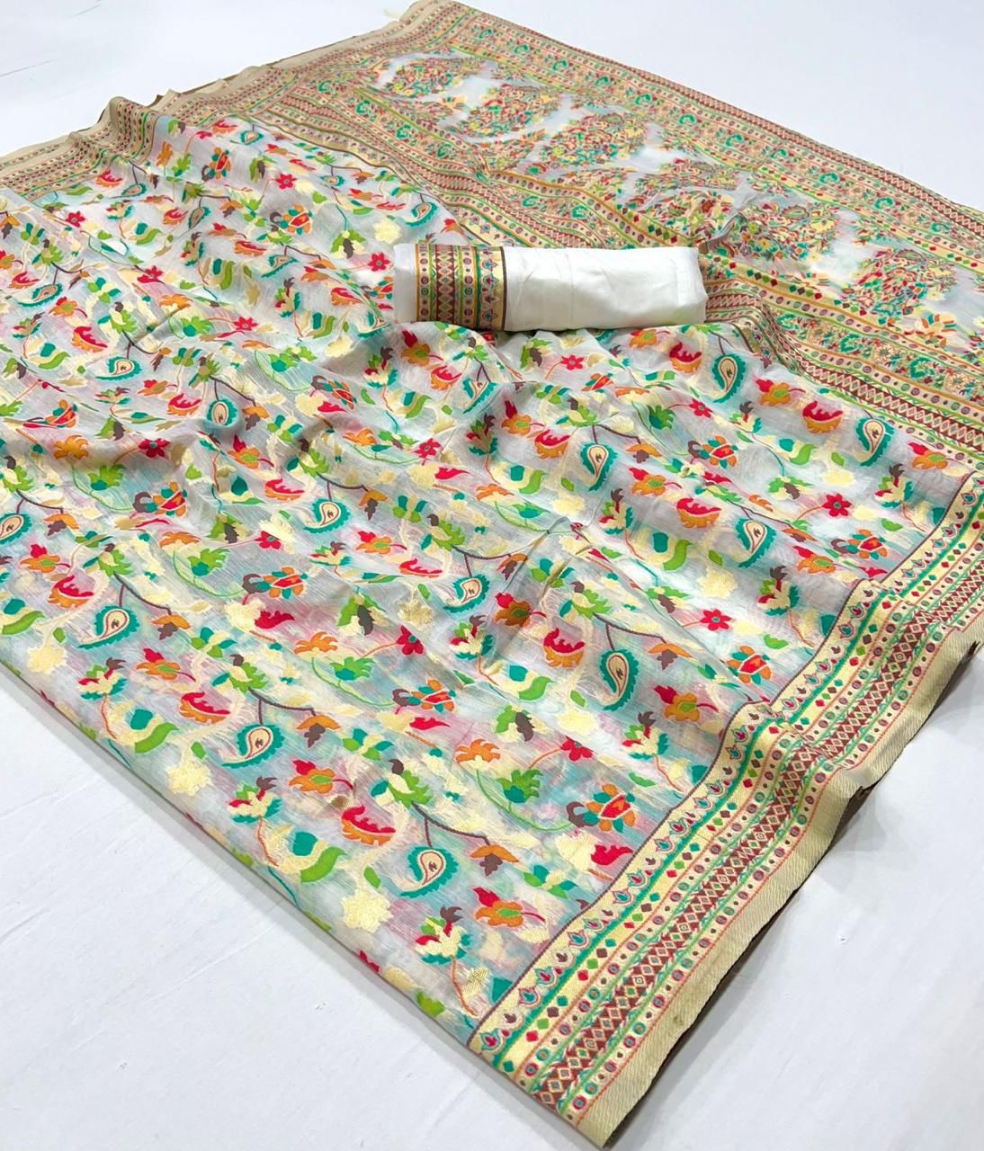 Pashmina Cotton Silk Kashmiri Style Party wear Saree in off white colour