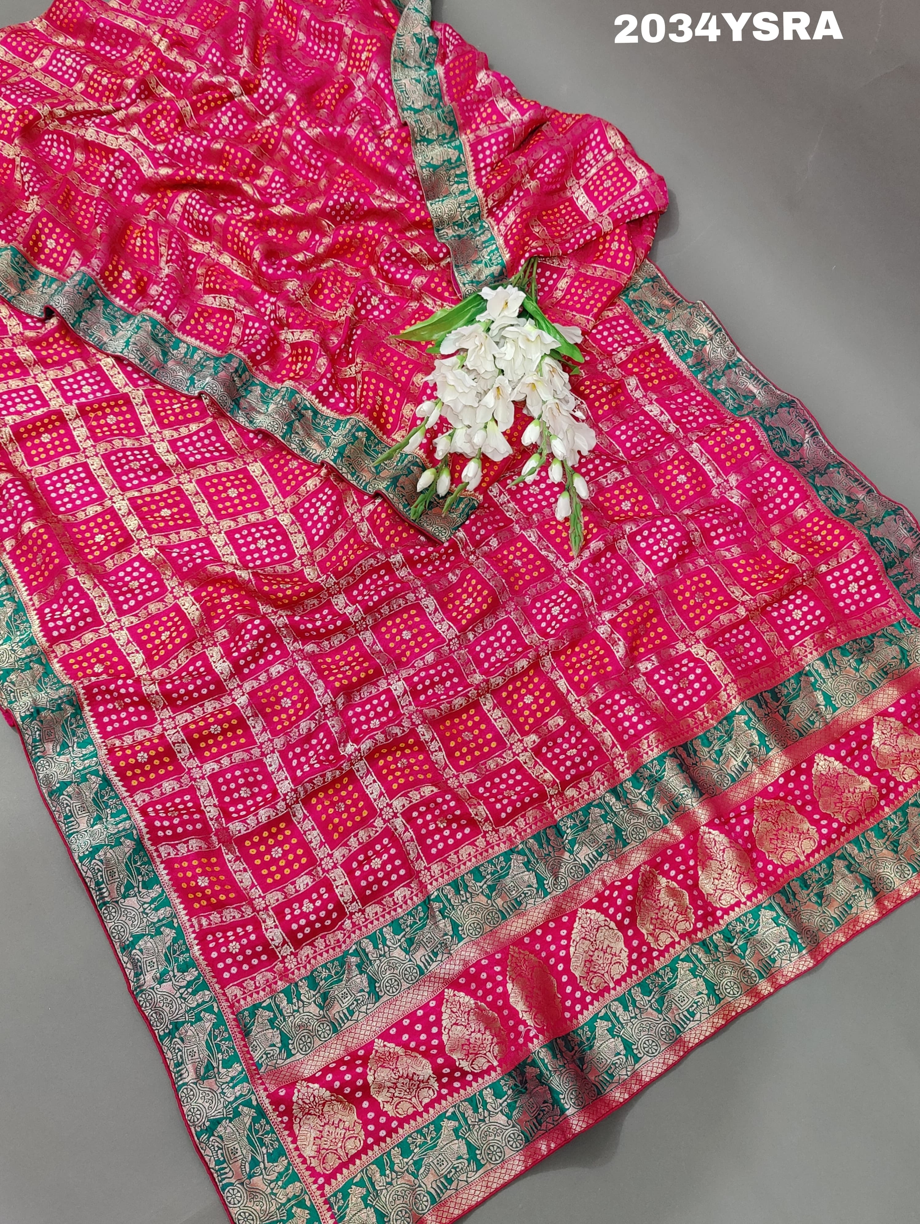 KcPc New Beautiful Gaji Silk Bandhani Style With Tifli Work Saree RG