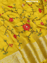 Munga Silk Embroidery Style With Karosiya Hand Work Saree in yellow colour