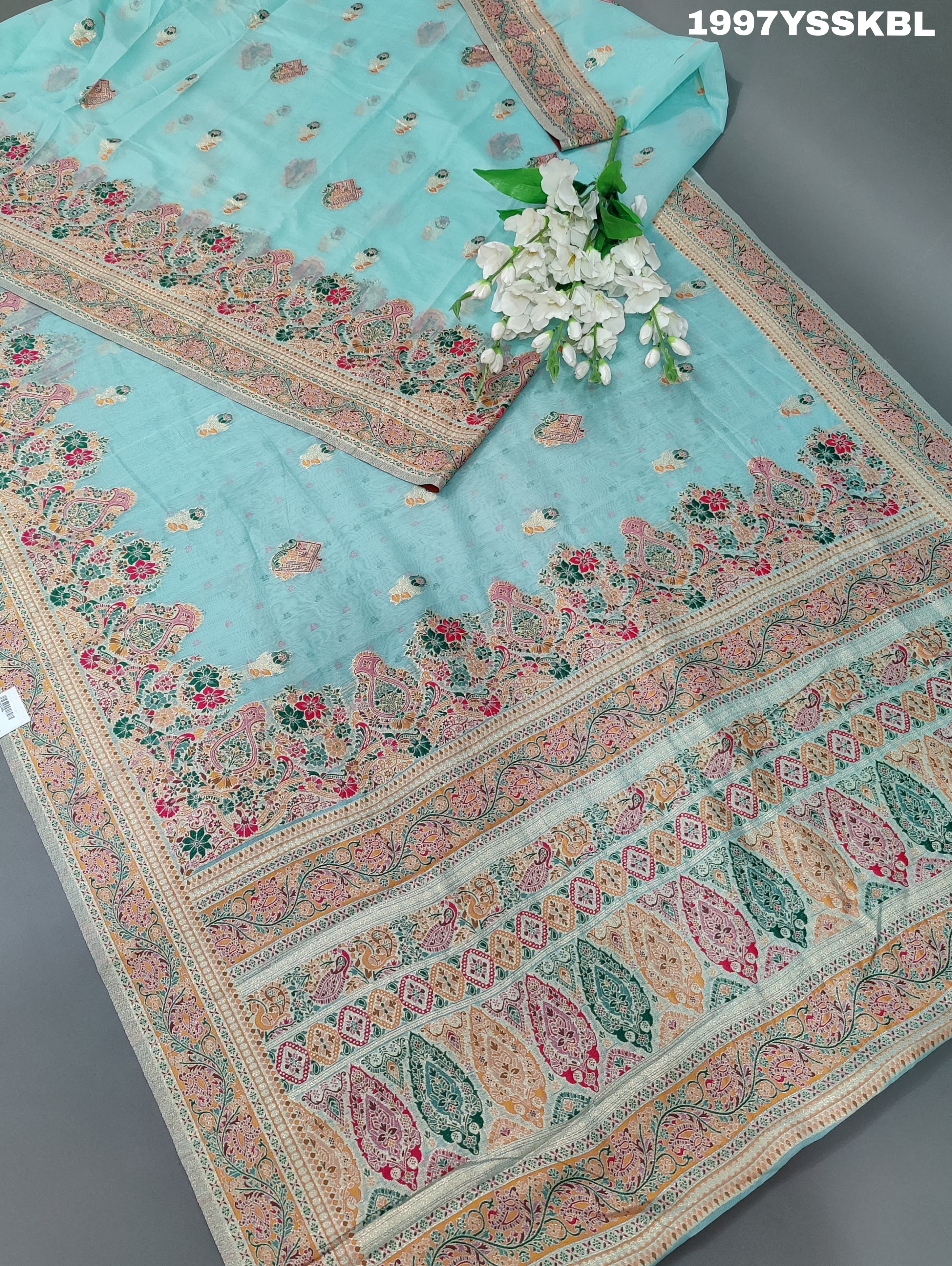 Pashmina Silk Traditional ModernPrinted Style Saree ice blue colour