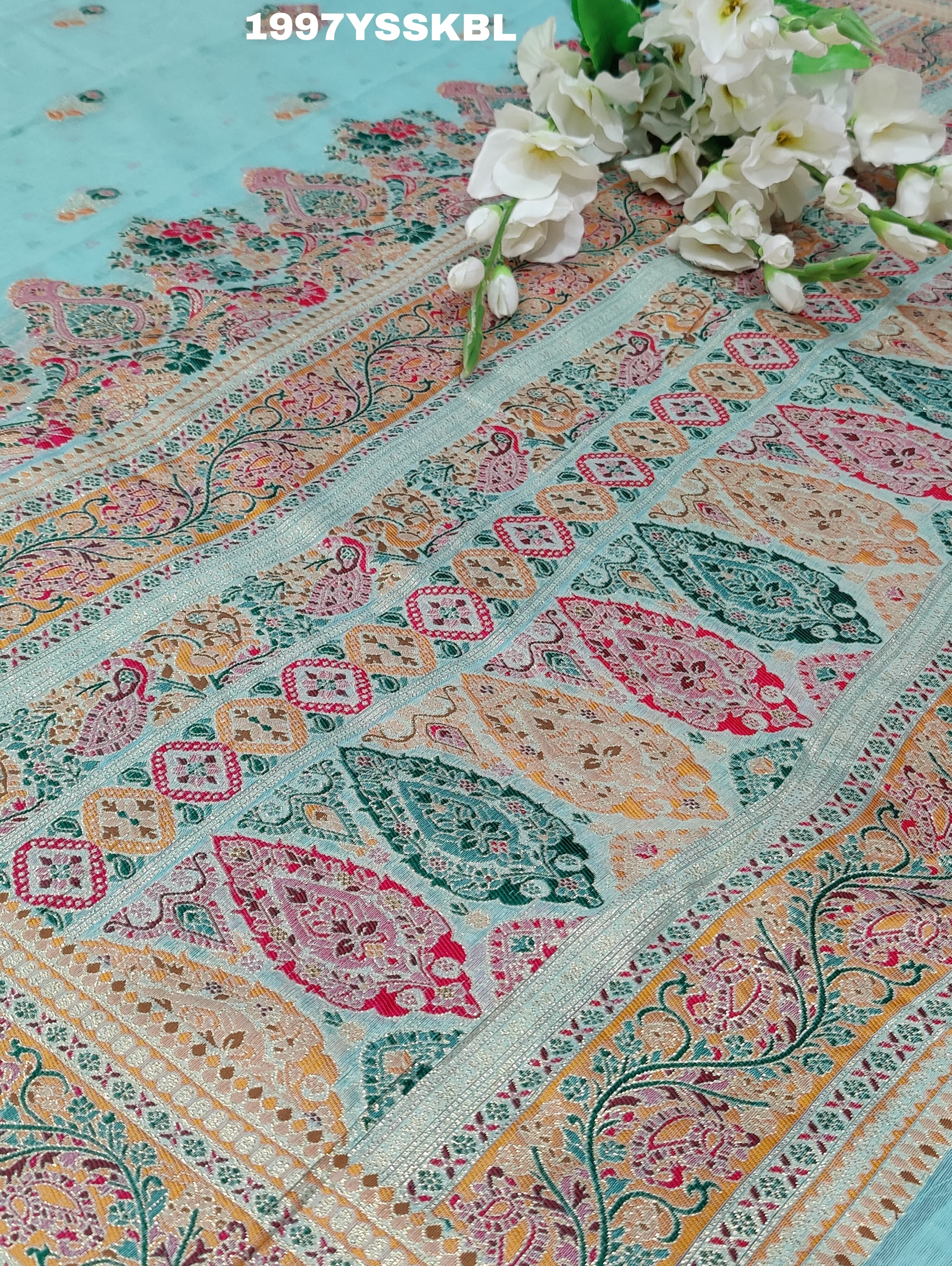 Pashmina Silk Traditional ModernPrinted Style Saree ice blue colour