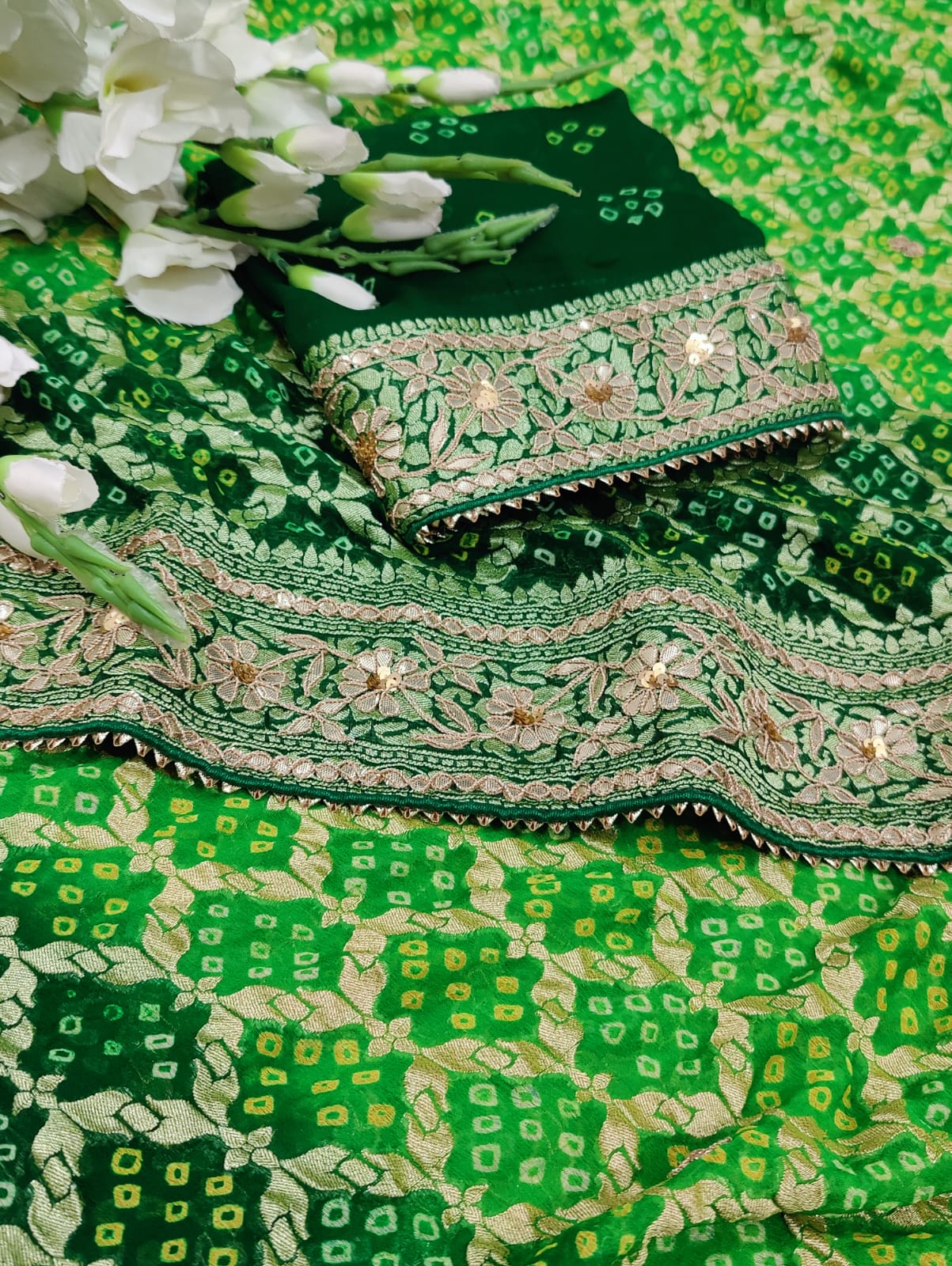 khadi Georgette cutdana Gota patti Handwork Bandhani saree in green colour