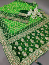 khadi Georgette cutdana Gota patti Handwork Bandhani saree in green colour
