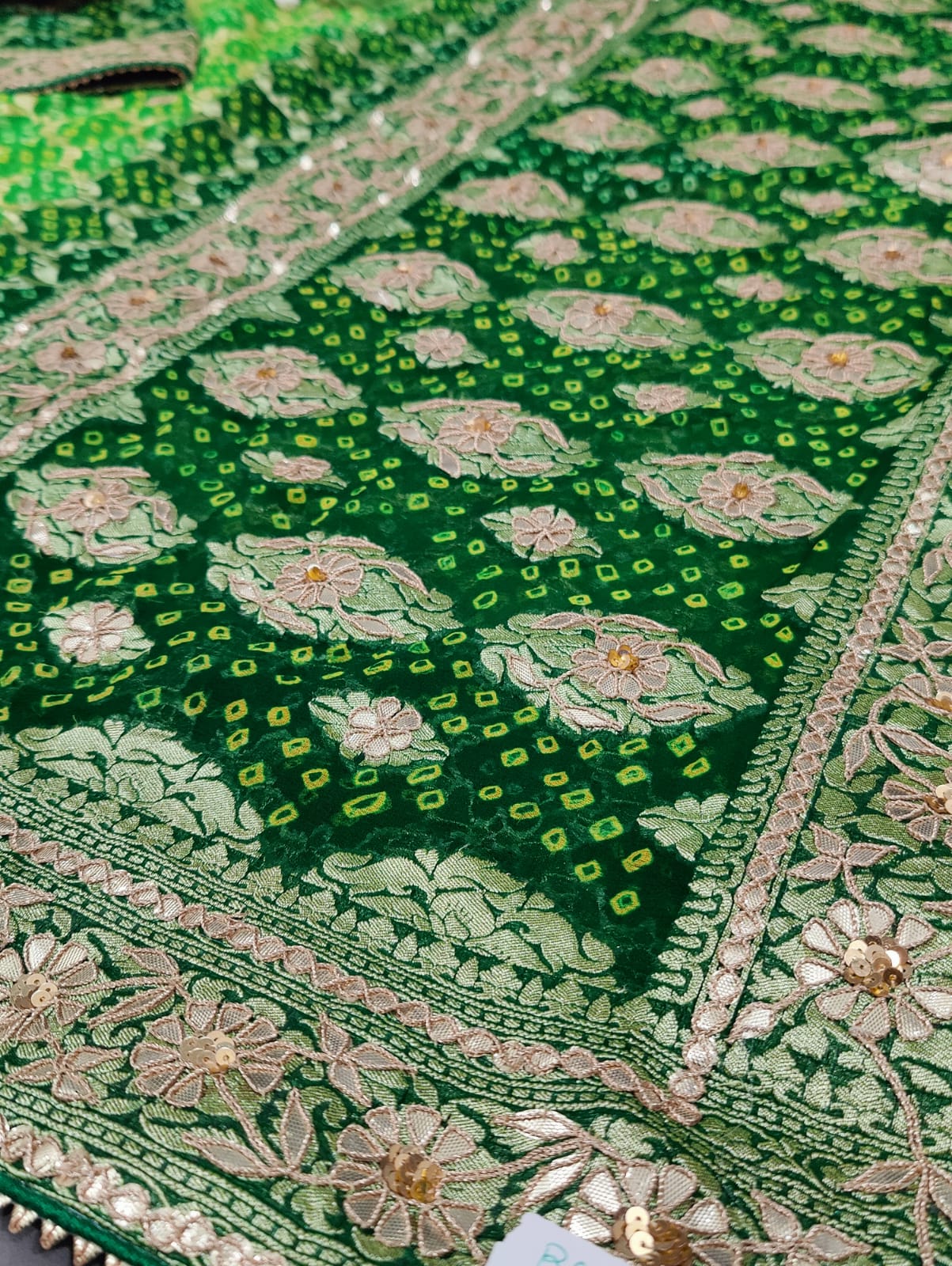 khadi Georgette cutdana Gota patti Handwork Bandhani saree in green colour