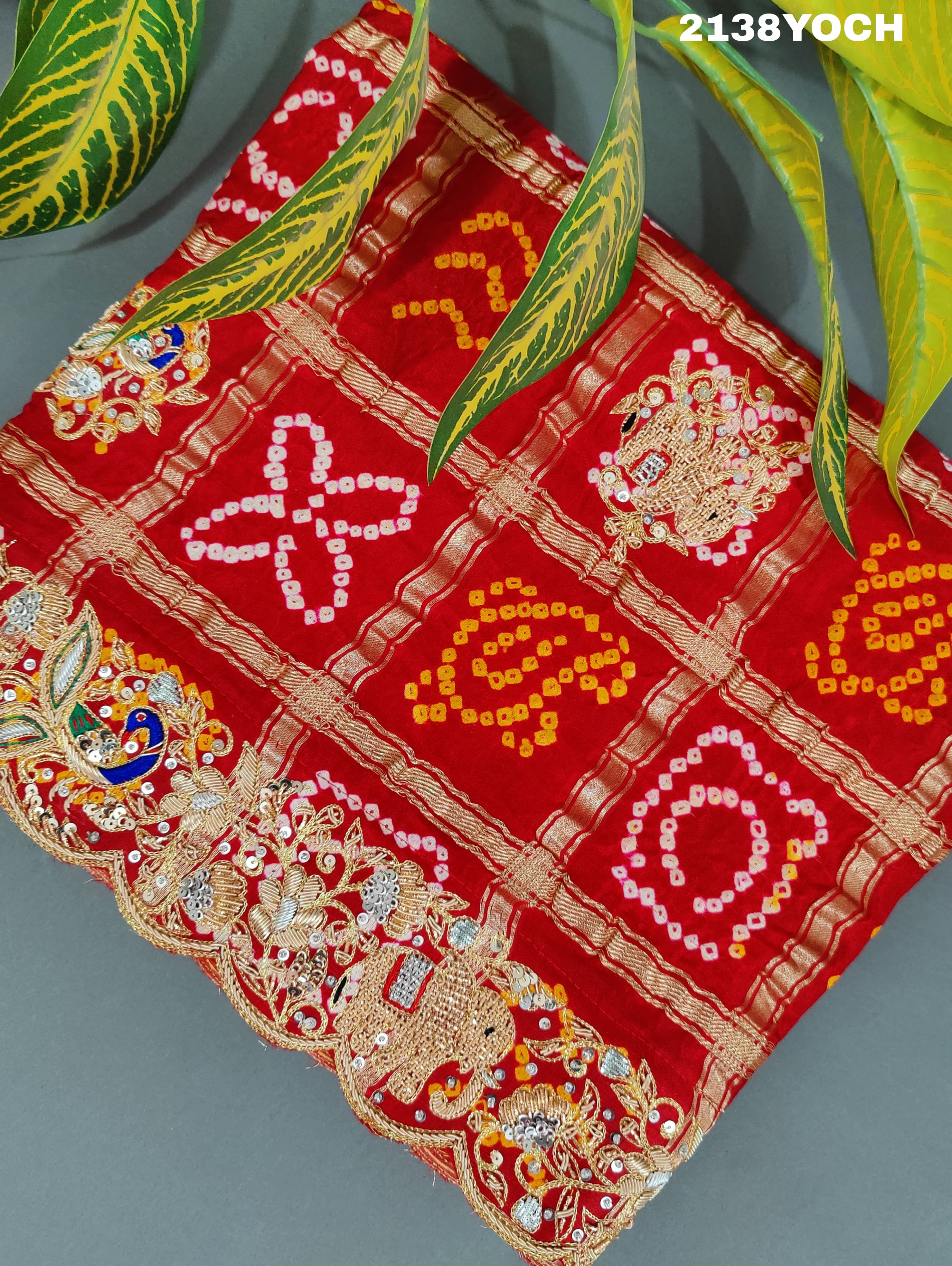 KcPc Ethnic Pure Gaji Silk Bandhani Ghatchola Chunri Pila Odhna in Zardoji Handwork ChunriMNL
