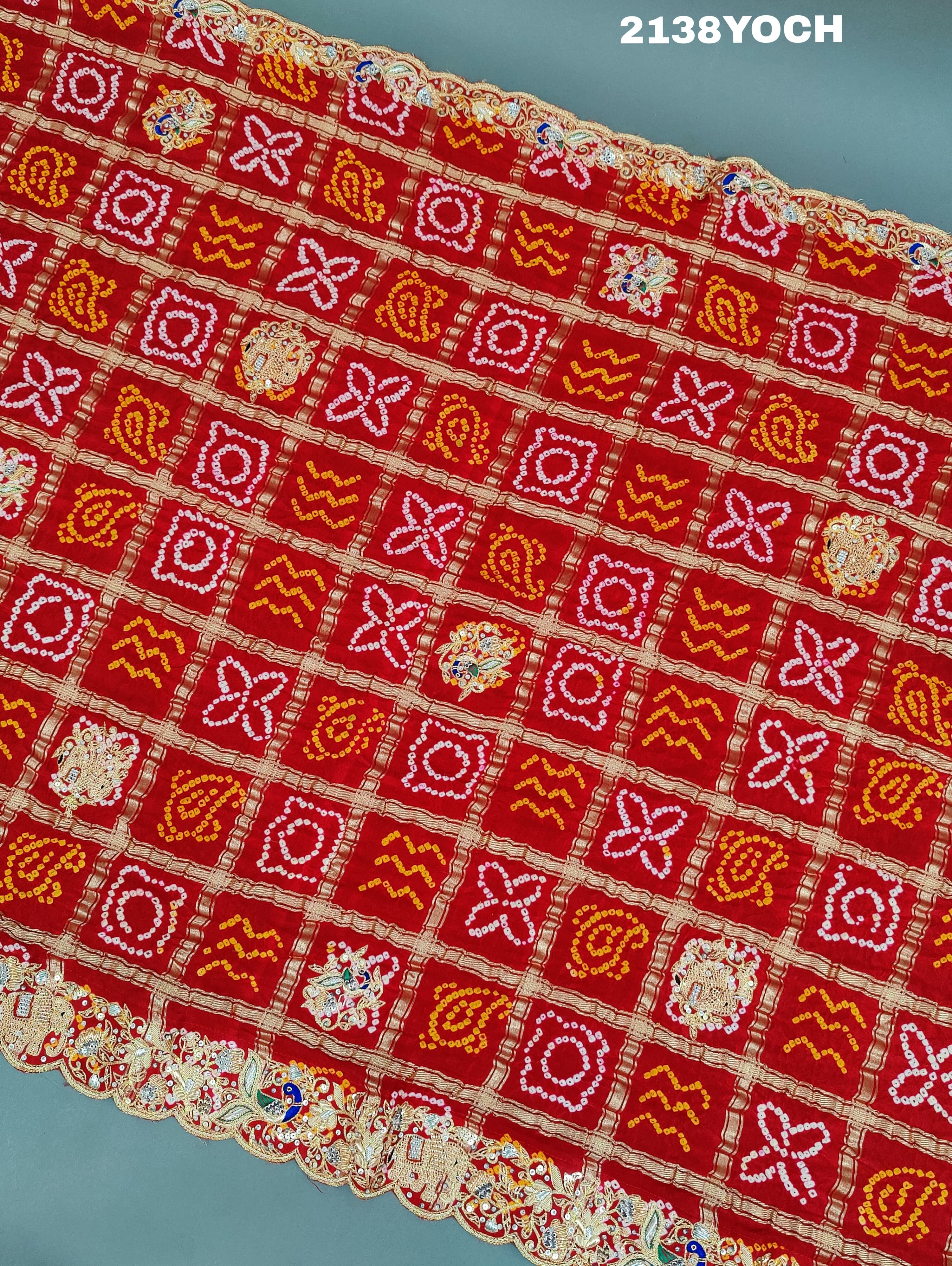 KcPc Ethnic Pure Gaji Silk Bandhani Ghatchola Chunri Pila Odhna in Zardoji Handwork ChunriMNL